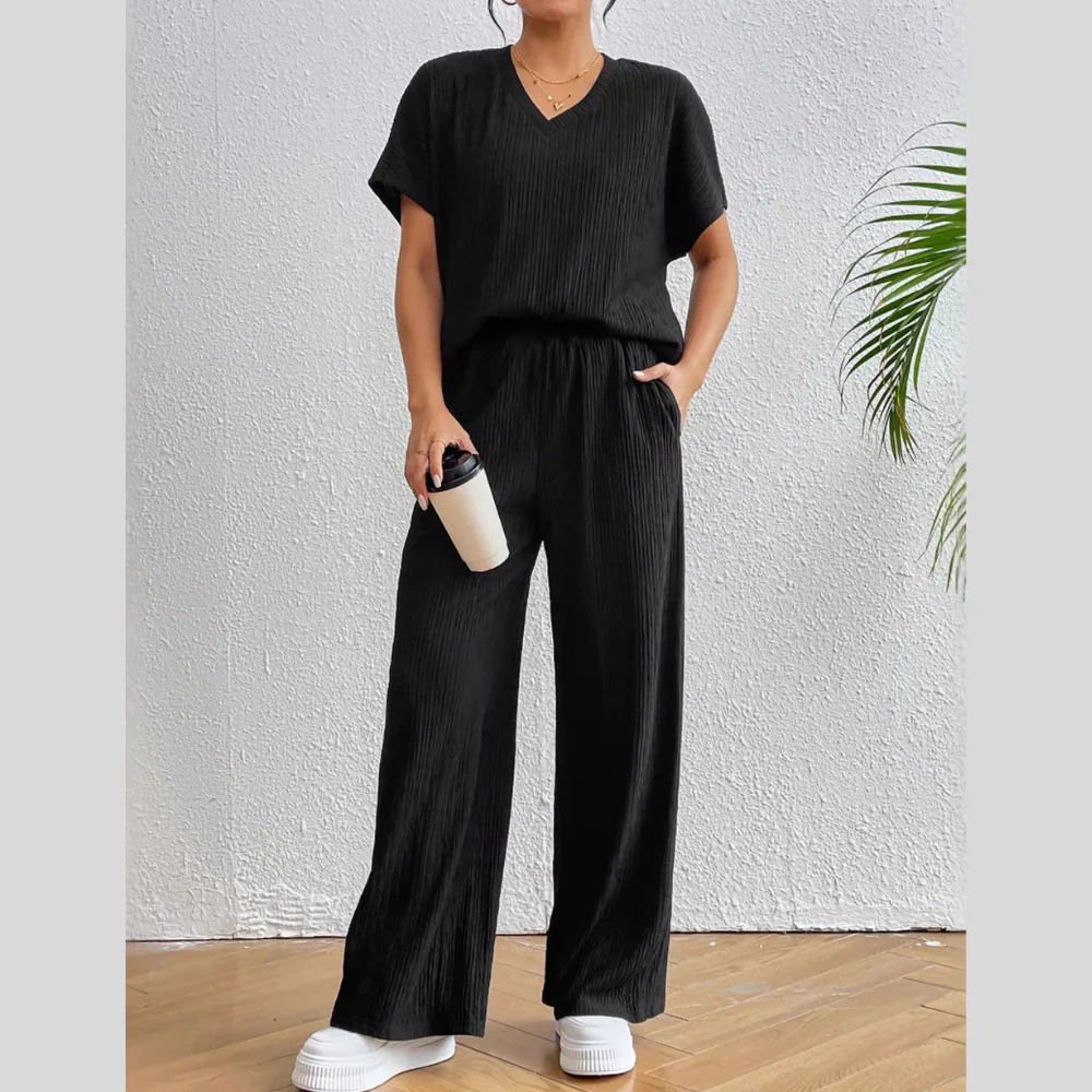 V-Neck Short Sleeve Top and Pants Set - ZKZOOK