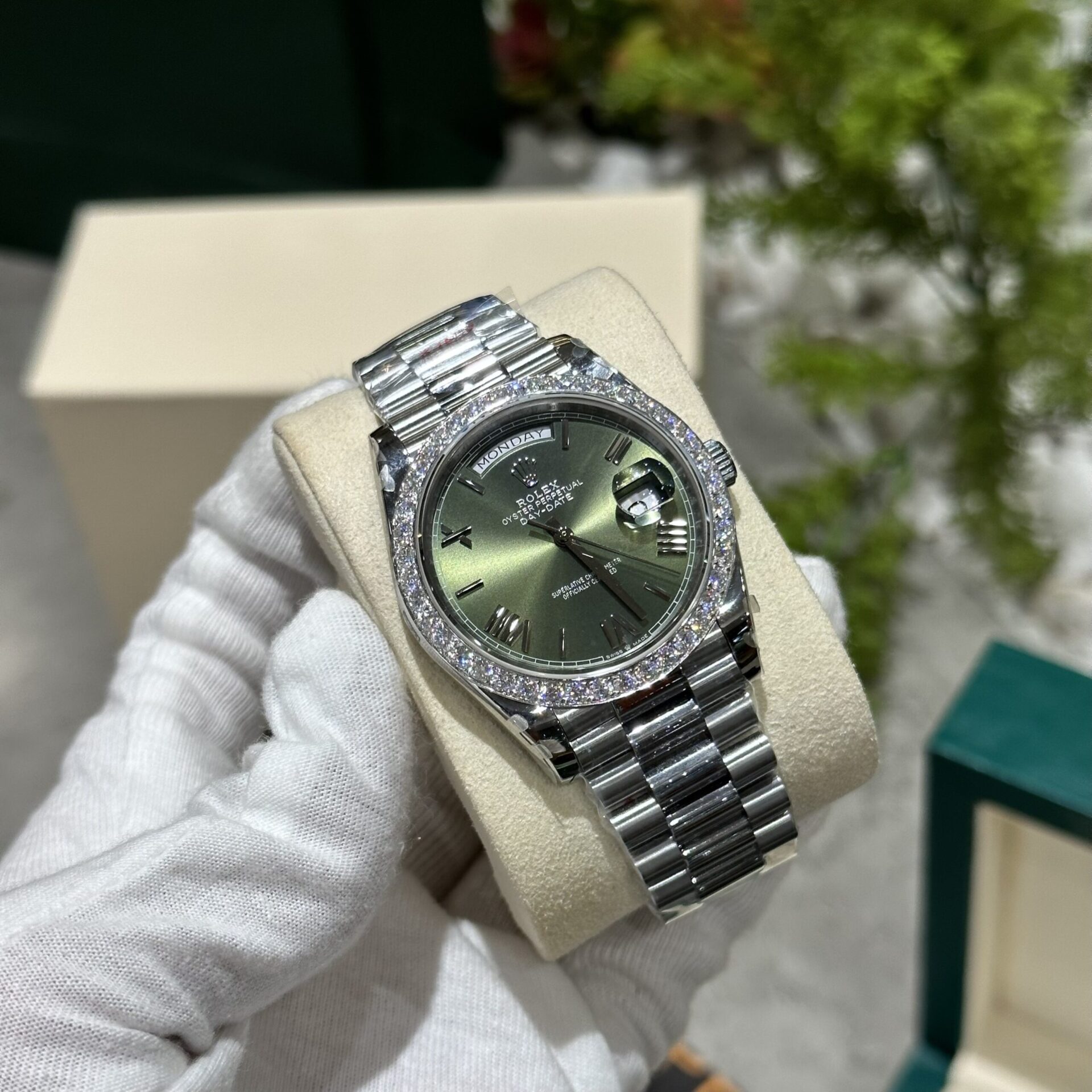 Rolex Day-Date 228236 Moissanite Green Dial Replica Watch 168gram GM V3 40mm - Elite Watch Atelier