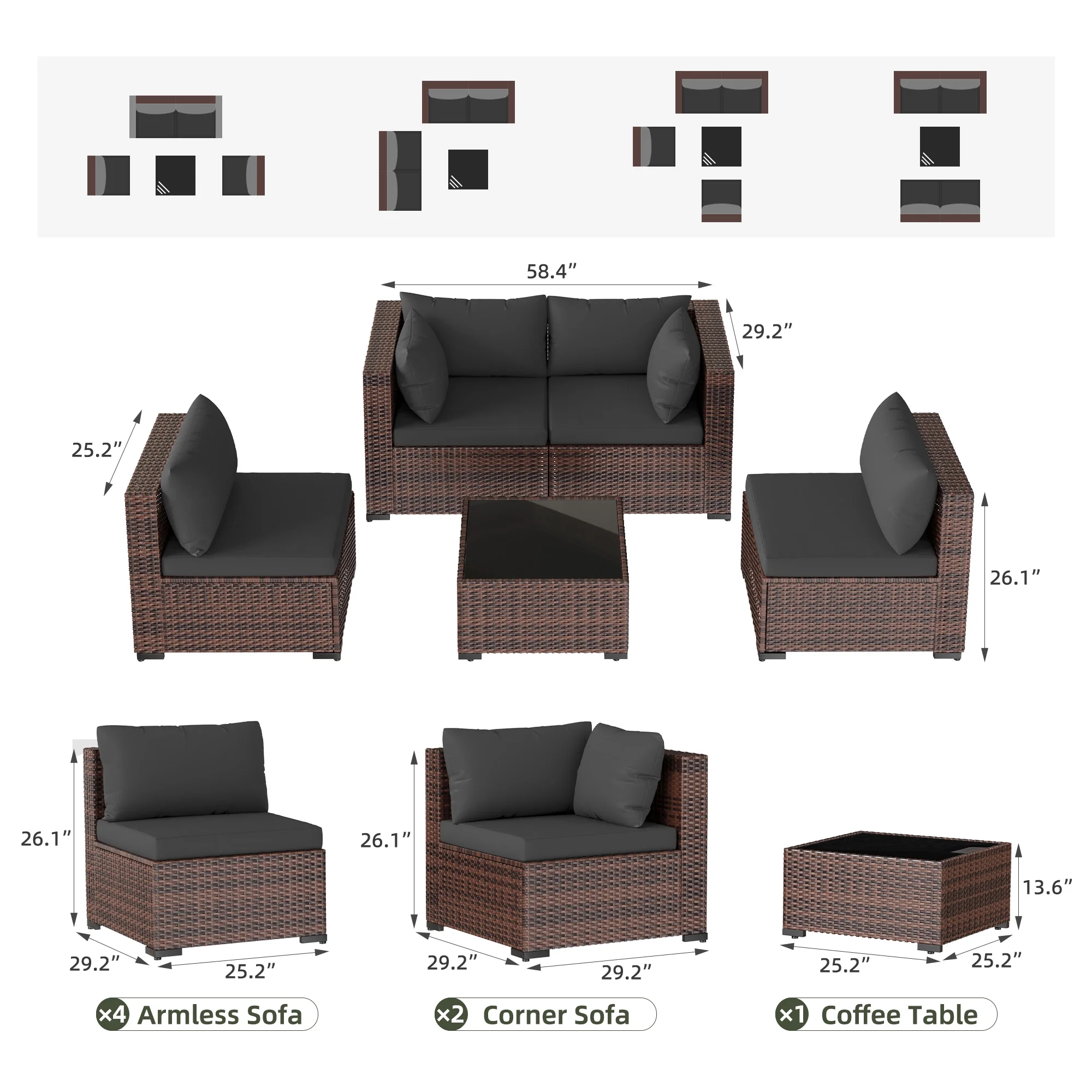 7 Pieces Patio Conversation Set, Outdoor Sectional PE Rattan Wicker Furniture Seat,Dark Gray - Image 65