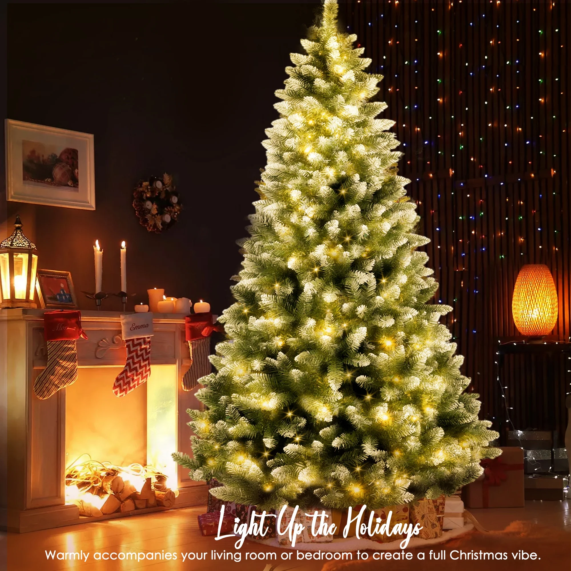Yexmas 9ft Pre-Lit Green Christmas Tree, 11 Modes Colored LED Lights, Artificial Xmas Tree with Large Storage Bag