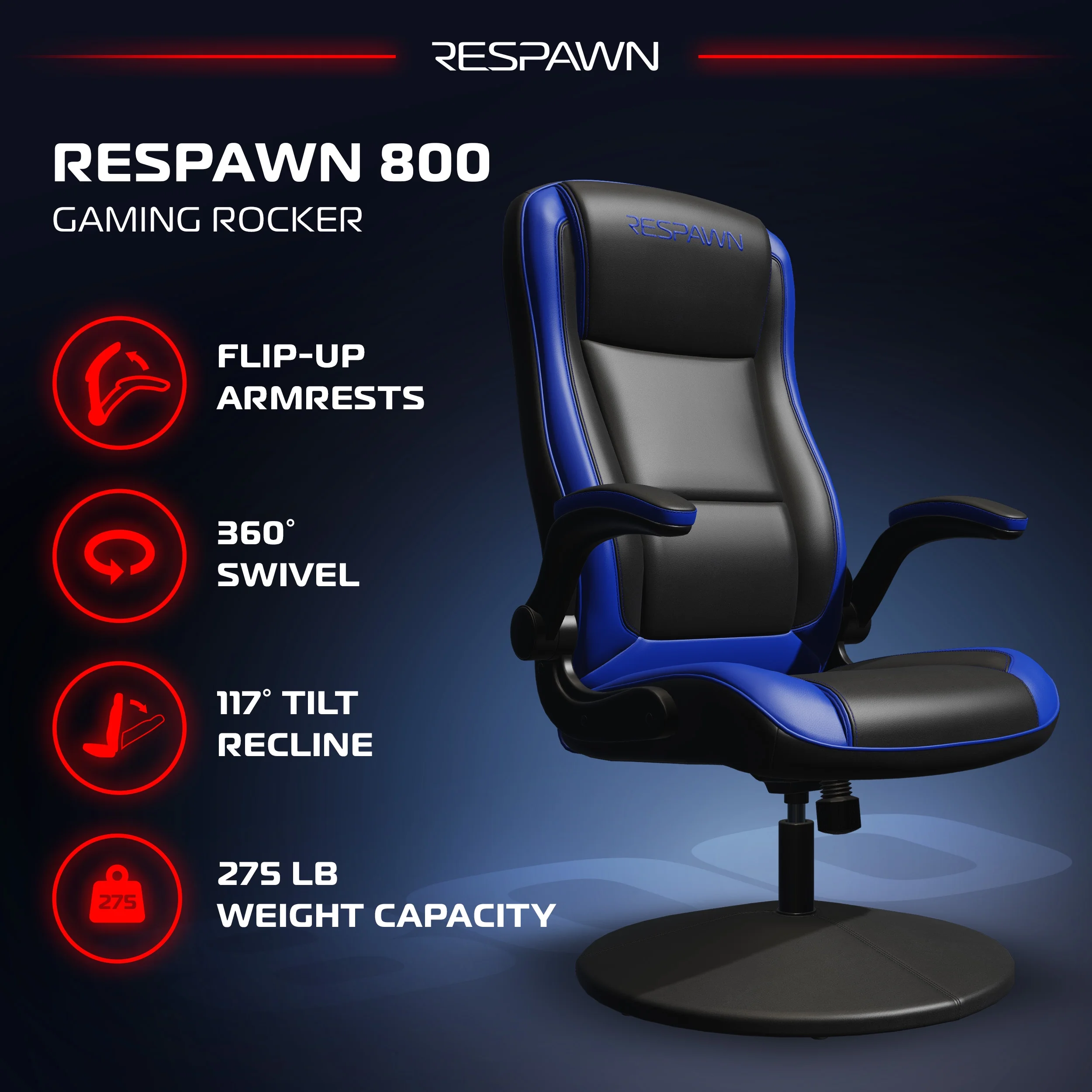 RESPAWN 800 Swivel Rocker Gaming Chair - Ergonomic Floor Gaming Seat with Lumbar Support, Flip Up Armrest, High Back, Pedestal Base, Comfortable No Wheels Console Video Game Rocker Chair - Red - Image 25