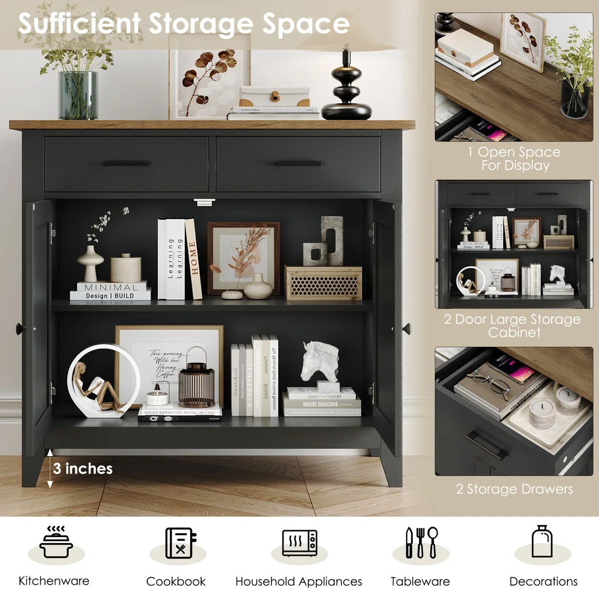 Homfa Entryway Cabinet, Kitchen Storage Cabinet, Farmhouse Buffet Sideboard with 2 Drawers and 2 Doors,Coffee Bar with Storage for Dining Room Living Room,White - Image 16