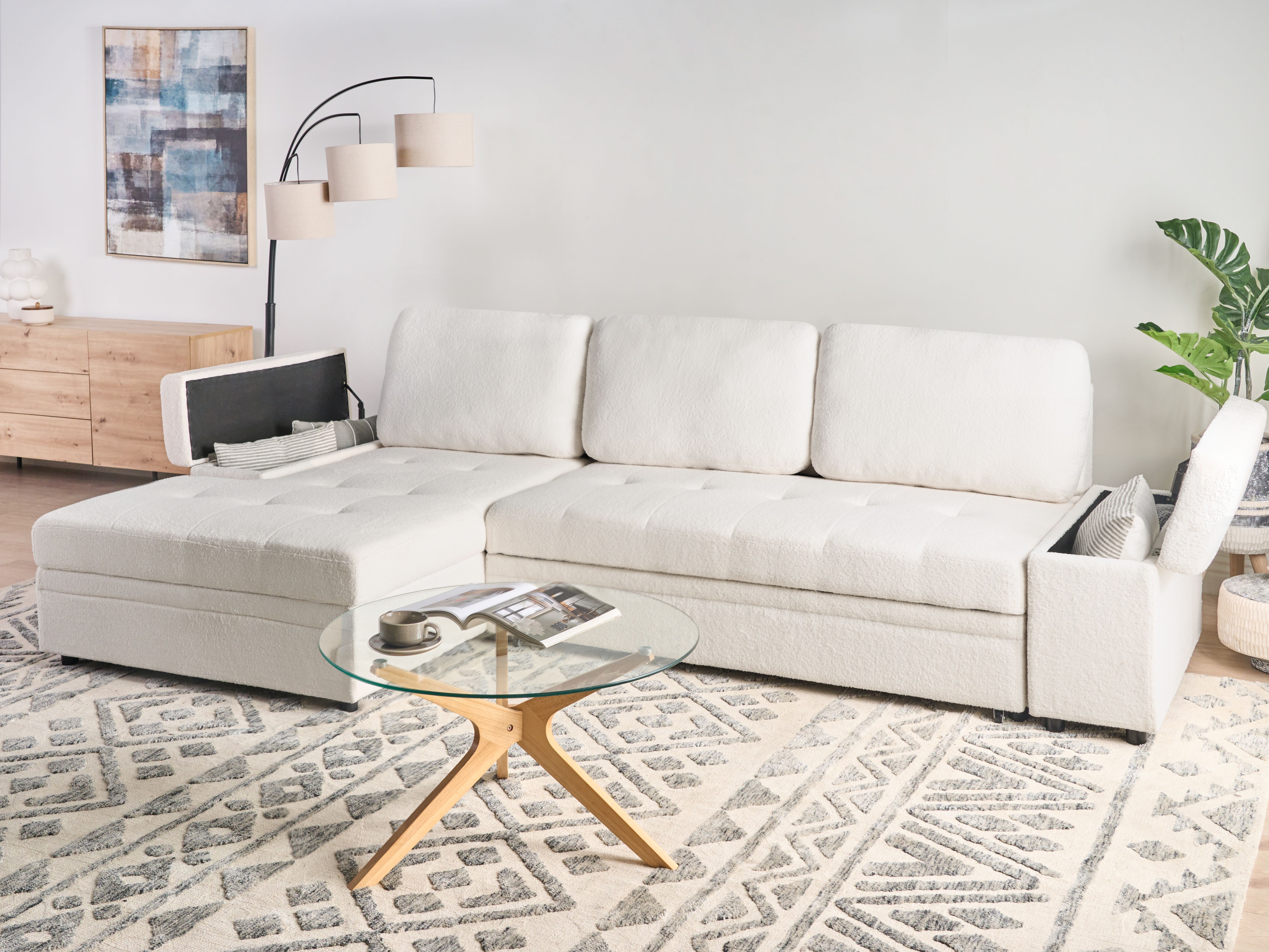Corner Sofa Bed 3 Seater HRISEY Boucle White with Storage Right Hand