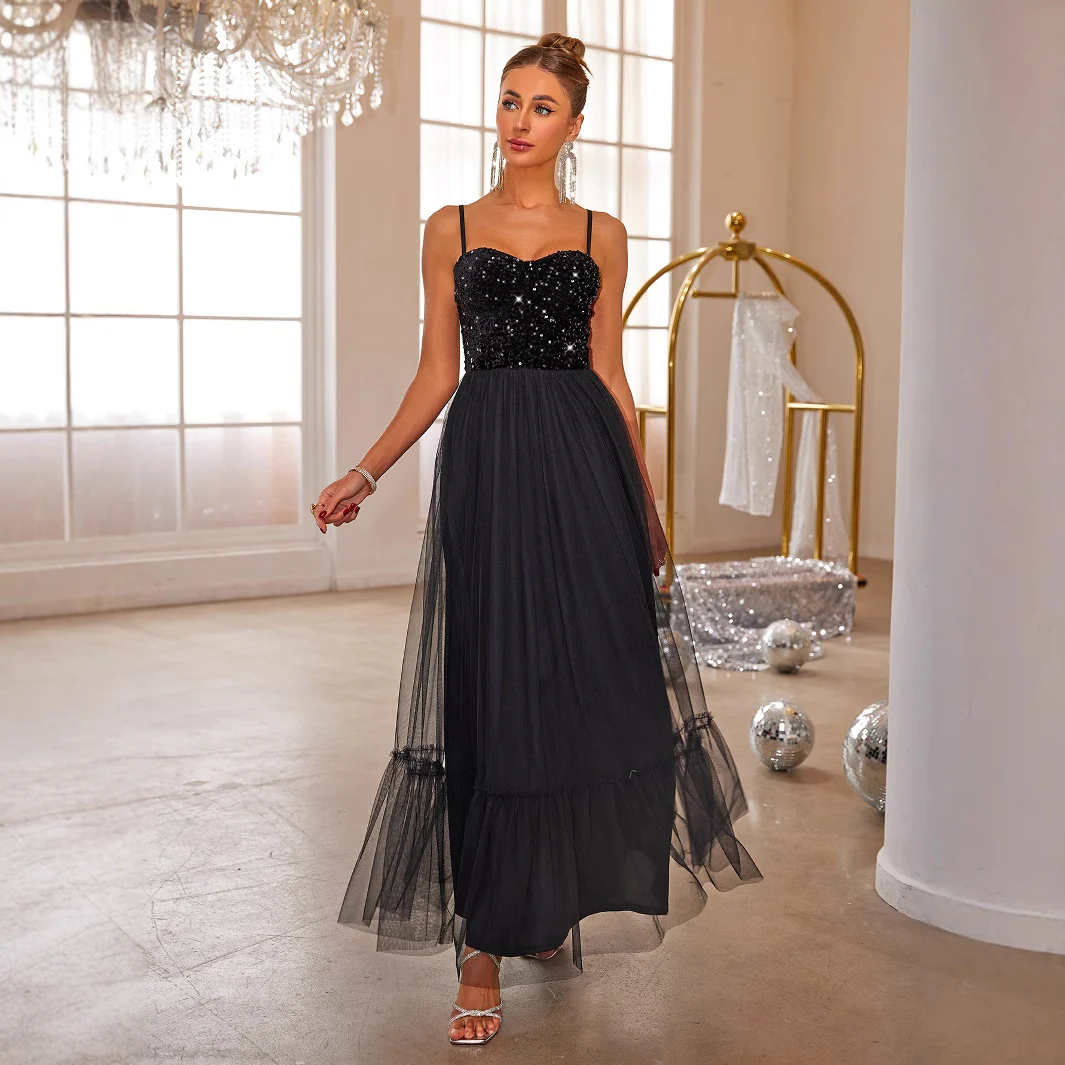 Women Clothing Sexy Sling Solid Color Sequ Mesh Dress - AZJHJ