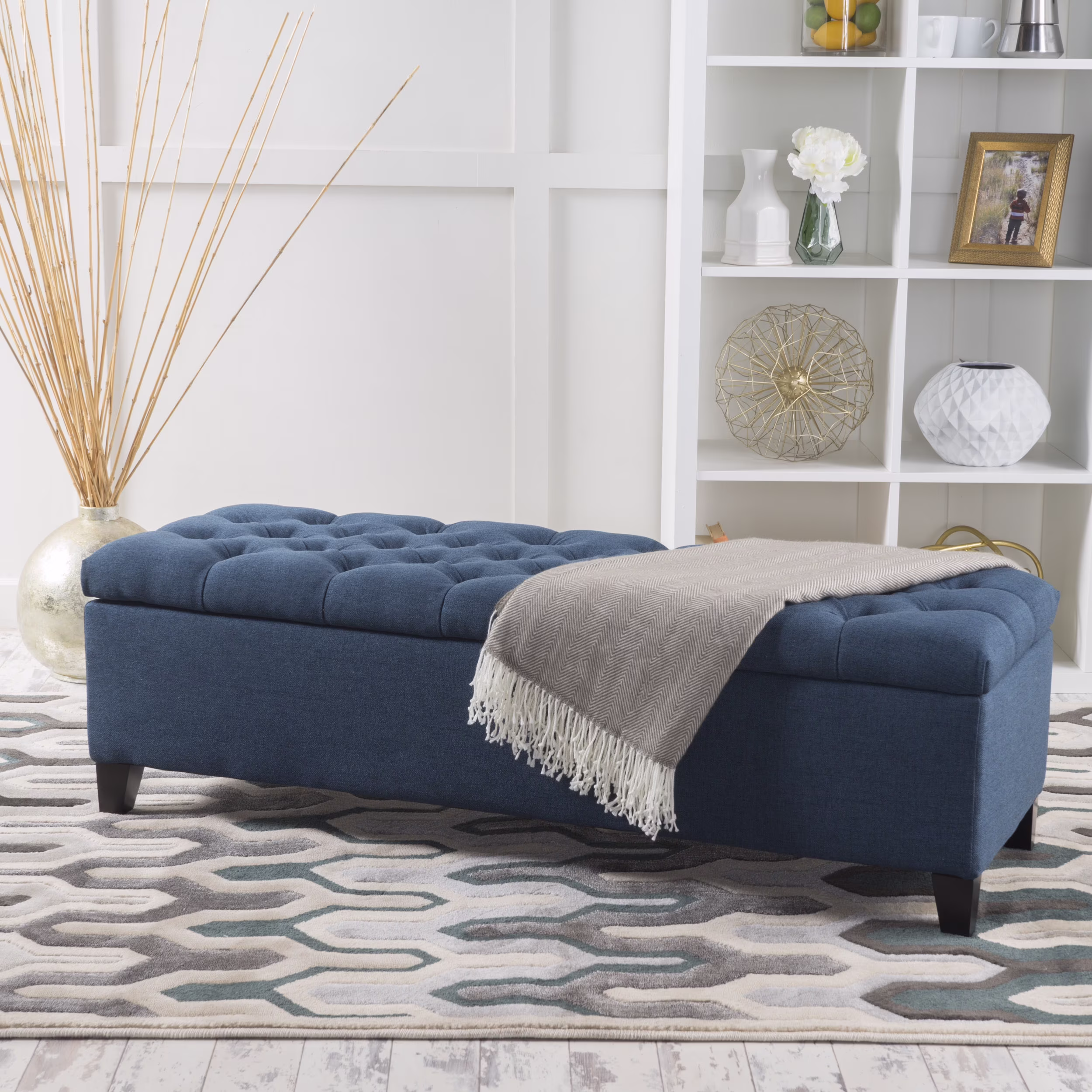 Noble House Hampton Contemporary Fabric Upholstered Storage Ottoman, White and Blue Floral - Image 5