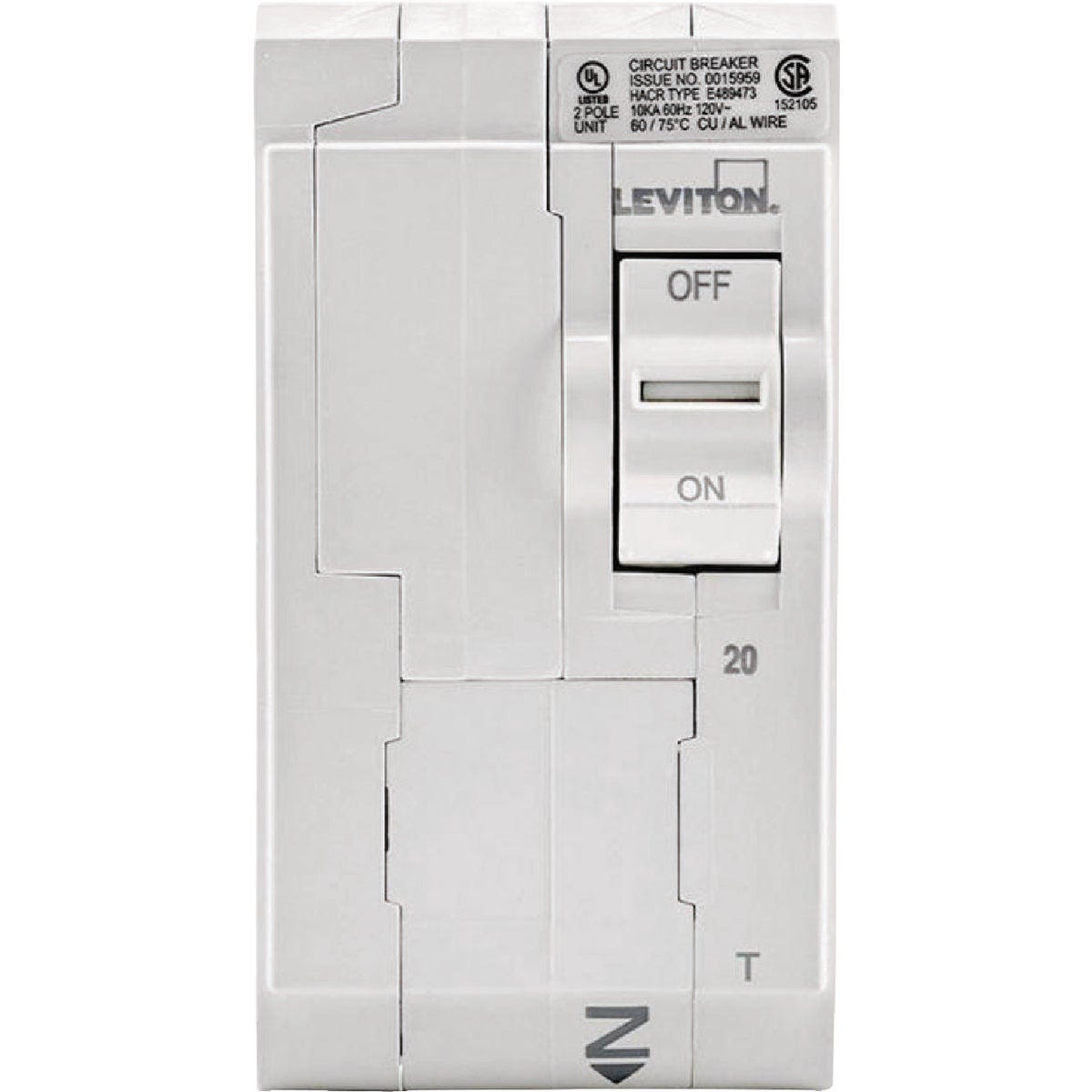 Leviton 20A Double-Pole Plug-On Standard Branch Thermal Magnetic Trip Circuit Breaker