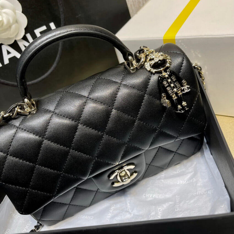 Replica Chanel Lambskin Mini Flap Bag With Top Handle Black As2431 With Charms1:1High-quality replica