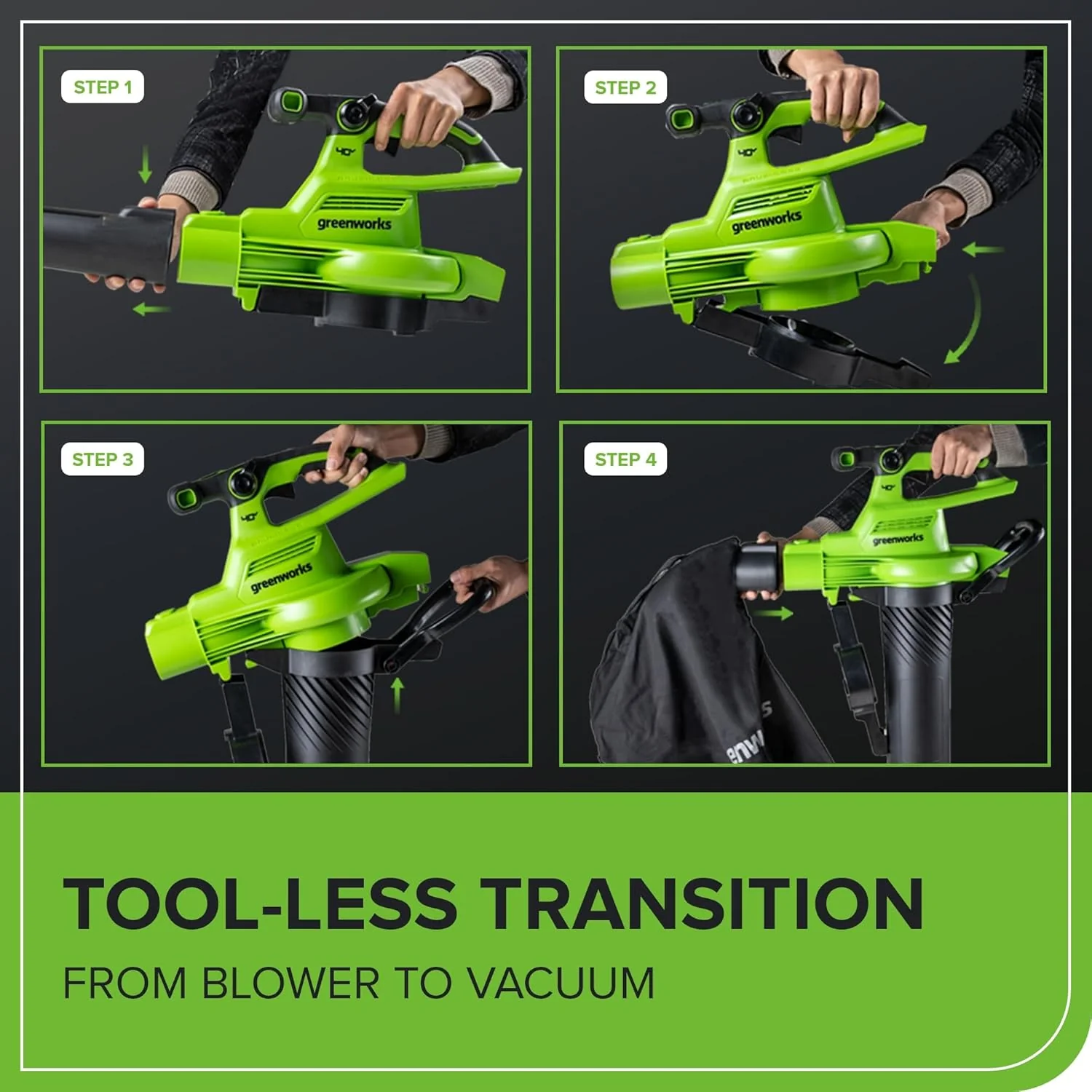 Greenworks 40V Cordless Brushless Leaf Blower Vacuum With Bag, 230 MPH, 505 CFM, 5.0Ah Battery And Charger - Image 8 Greenworks 40V Cordless Brushless Leaf Blower Vacuum With Bag, 230 MPH, 505 CFM, 5.0Ah Battery And Charger - Image 8