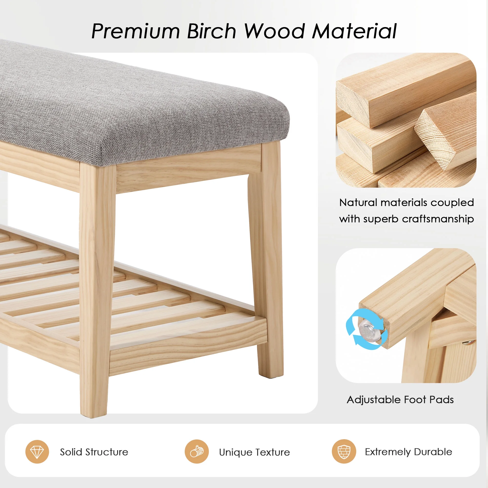 Zesthouse 42.9�?Shoe Bench with Storage, Entryway Bench for Living Room, Bedroom and Hallway, Linen Fabric Upholstered Bench with Solid Wood Shelf, Gray - Image 6