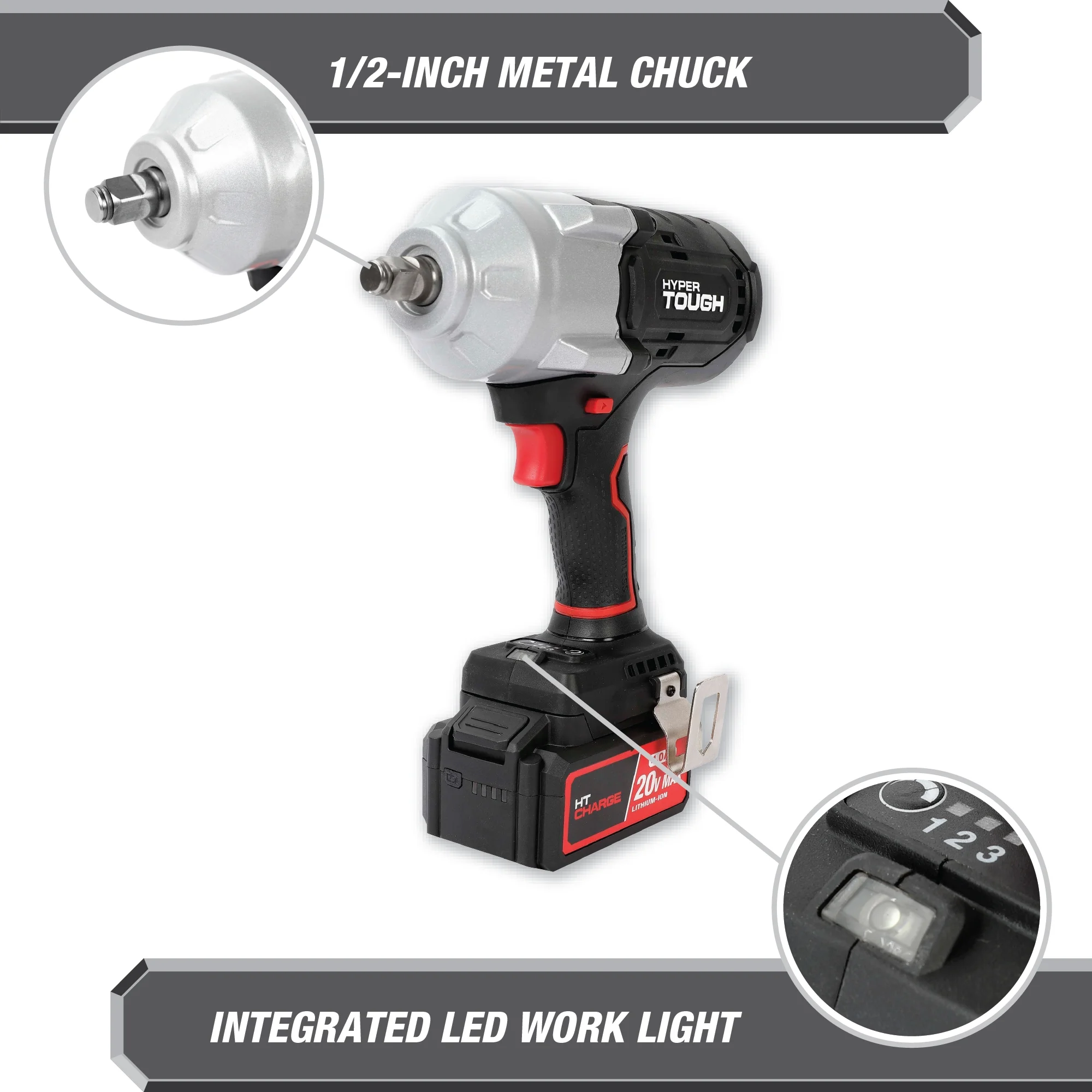 Hyper Tough 20V Max Brushless 1/2-inch High-Torque Cordless Impact Wrench with 4.0Ah Lithium-Ion Battery and Charger - Image 10