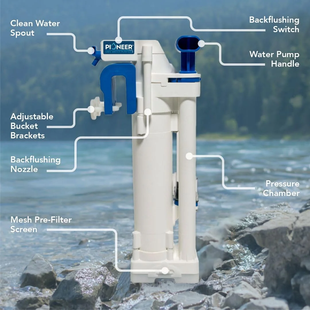 Grifaid Pioneer Outdoor Water Filtration System. Bucket Pump Purifier Produces Clean Drinking Water for Backpacking, Survival, Hiking, Emergency