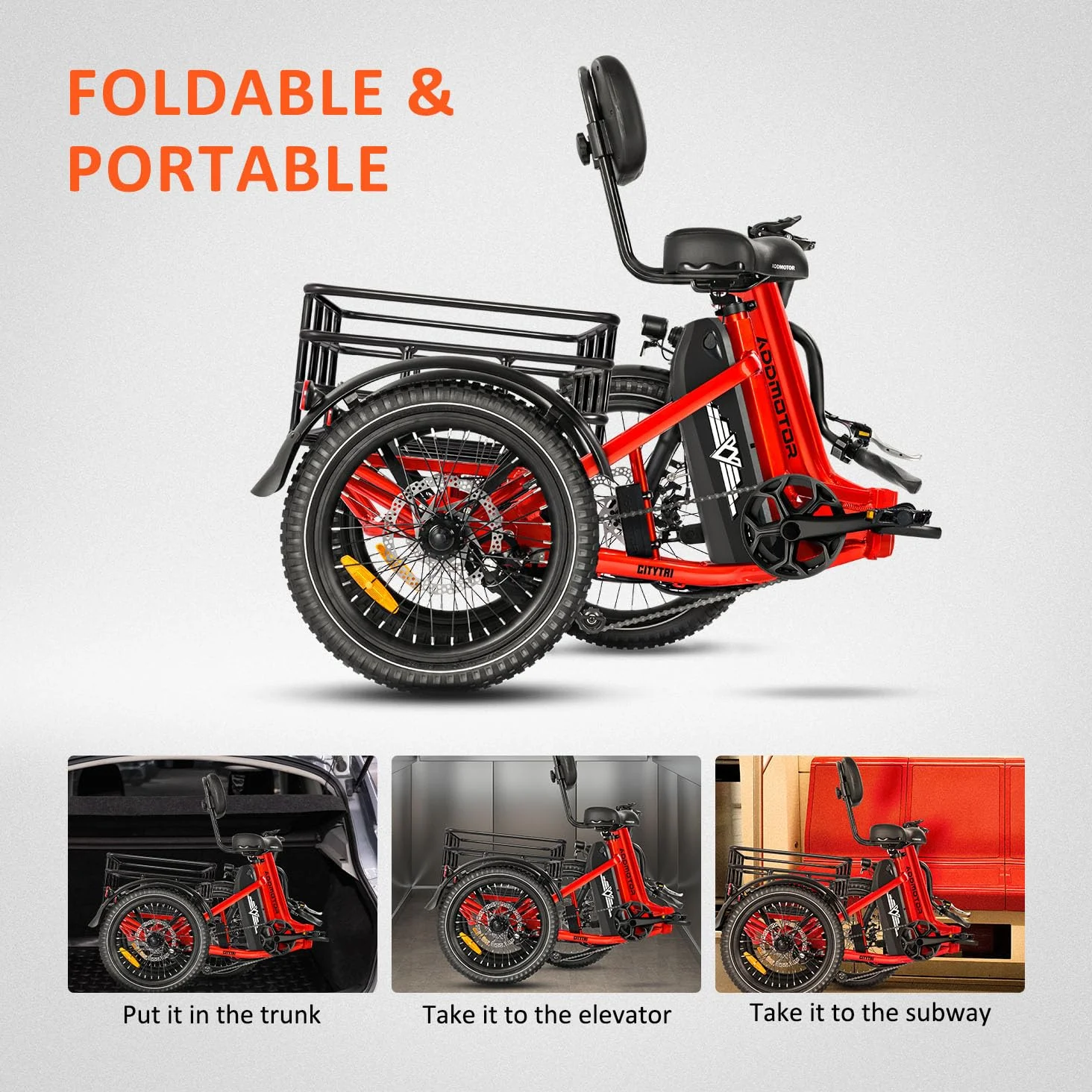 Addmotor Folding Electric Trike, 90MI Electric Tricycle for Adults, 750W 48V 20Ah, CITYTRI 3 Wheel Electric Bikes, Step-Thru Etrike with Rear Speed Differential & Parking Brake, E-310 Plus Red - Image 13