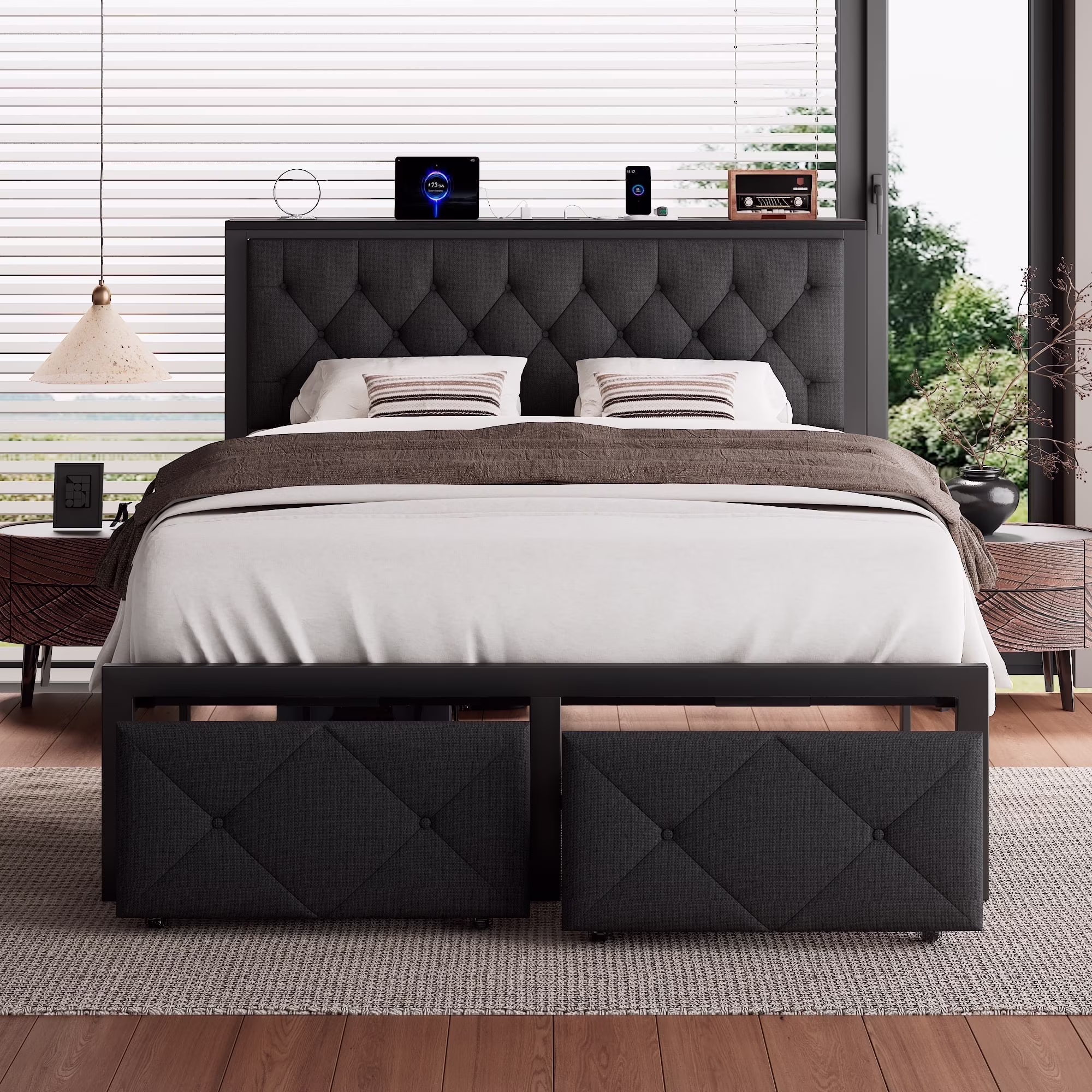 iPormis Full Bed Frame with 2 Drawers, Metal Platform Bed with Charging Station and Linen Fabric Storage Headboard Strong Metal Slats Black,Gray - Image 3