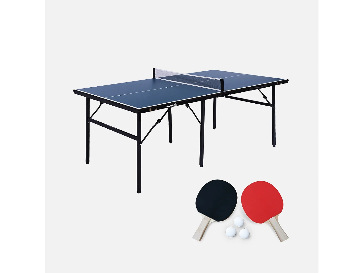 Table de ping pong d'intérieur médium. bleu. avec 2 raquettes et 3 balles