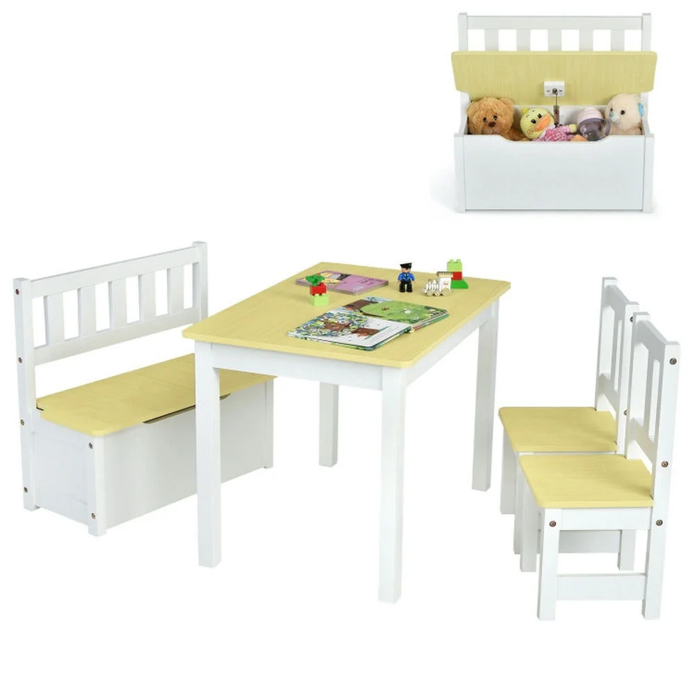 Kadyn Children Kids Table Chair Set,Children Playroom Table Chair Set,4 Pieces Kids Wooden Activity Table and Chairs Set with Storage Bench and Study Desk-Natural