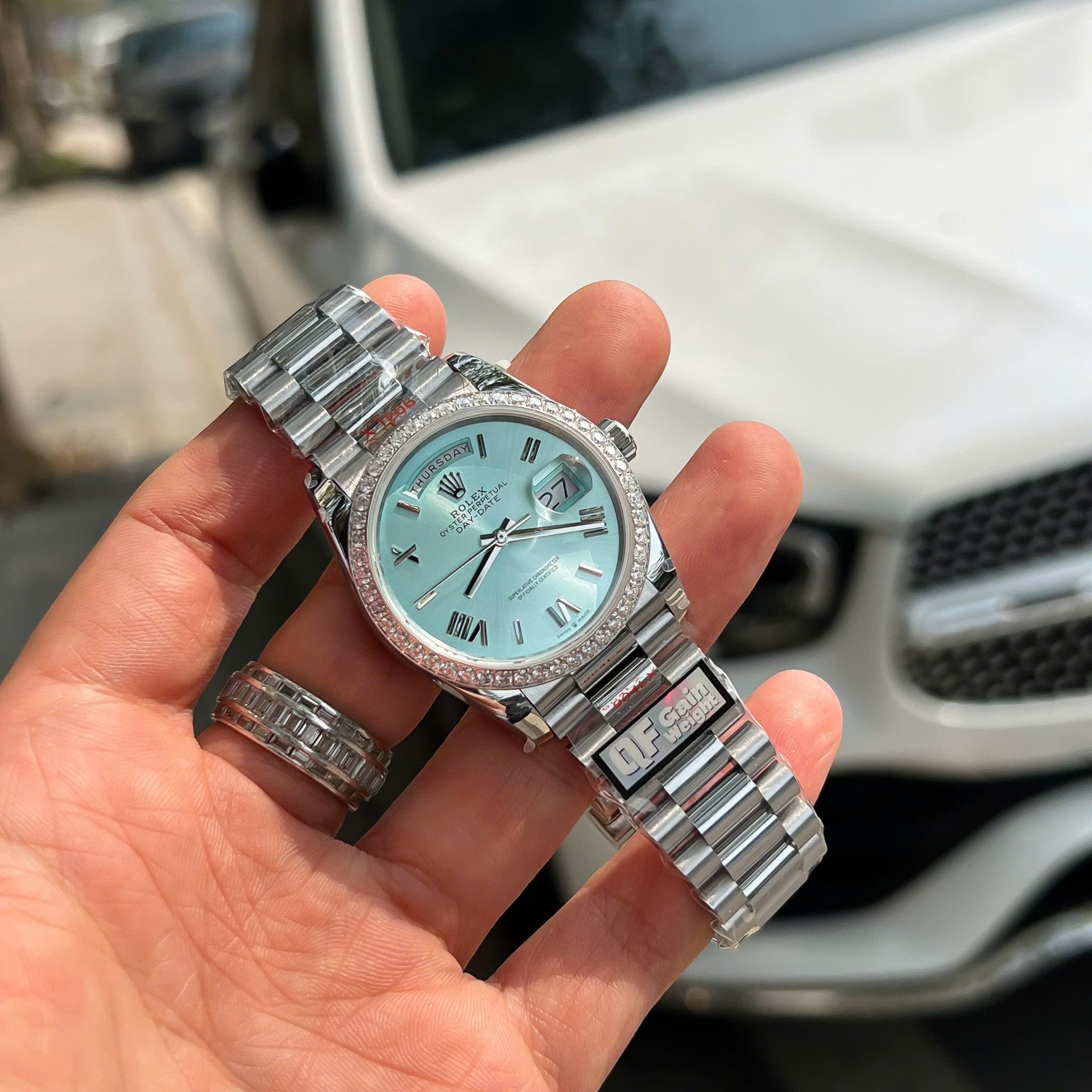 Rolex Replica Watches Watch Day-Date Ice Blue Weight 158Grams Bezel Diamonds Moissanite QF 36mm - Elite Watch Atelier