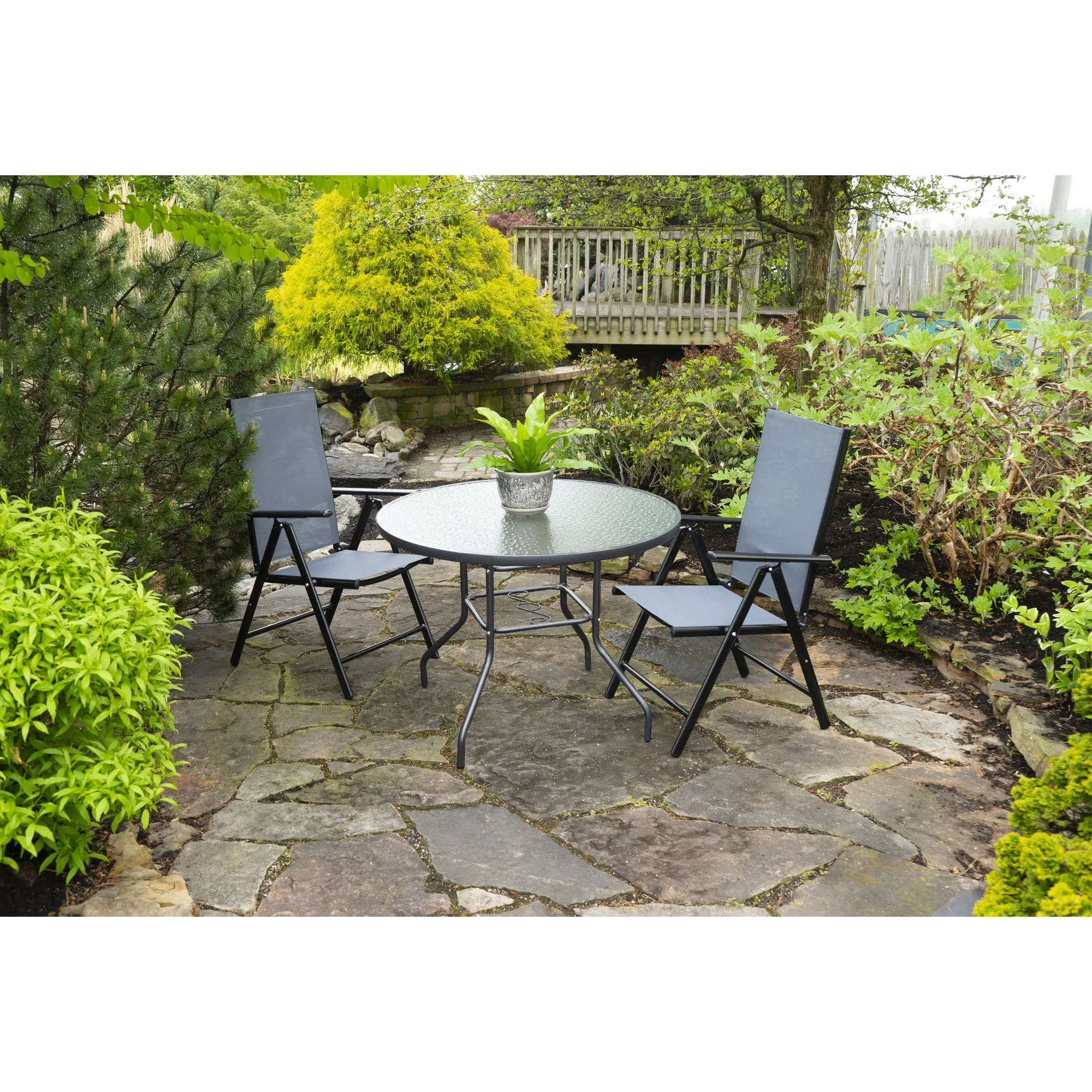 Garden Elements Outdoor Patio Furniture, Round Dining Table, Steel Base and Rim with Waterwave Glass Top, Gray, 40
