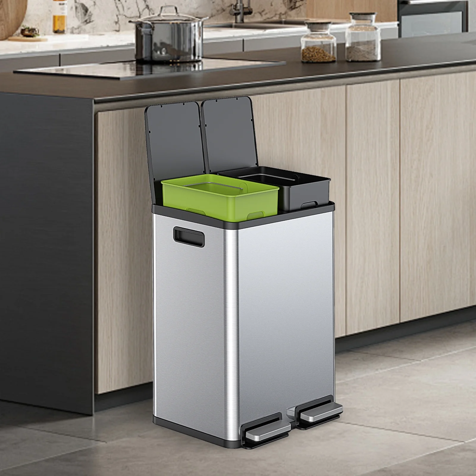 GIANNA Kitchen Trash Can with Soft-Close Foot Pedal, 60 Liter Large Stainless Waste Bin, For Home Kitchen Office, Silver - Image 6