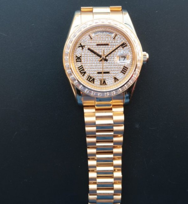 Replica Rolex Day-Date II RG Diamonds Full Bezel/Dial Roman Markers RG Bracelet A3255 - Top club