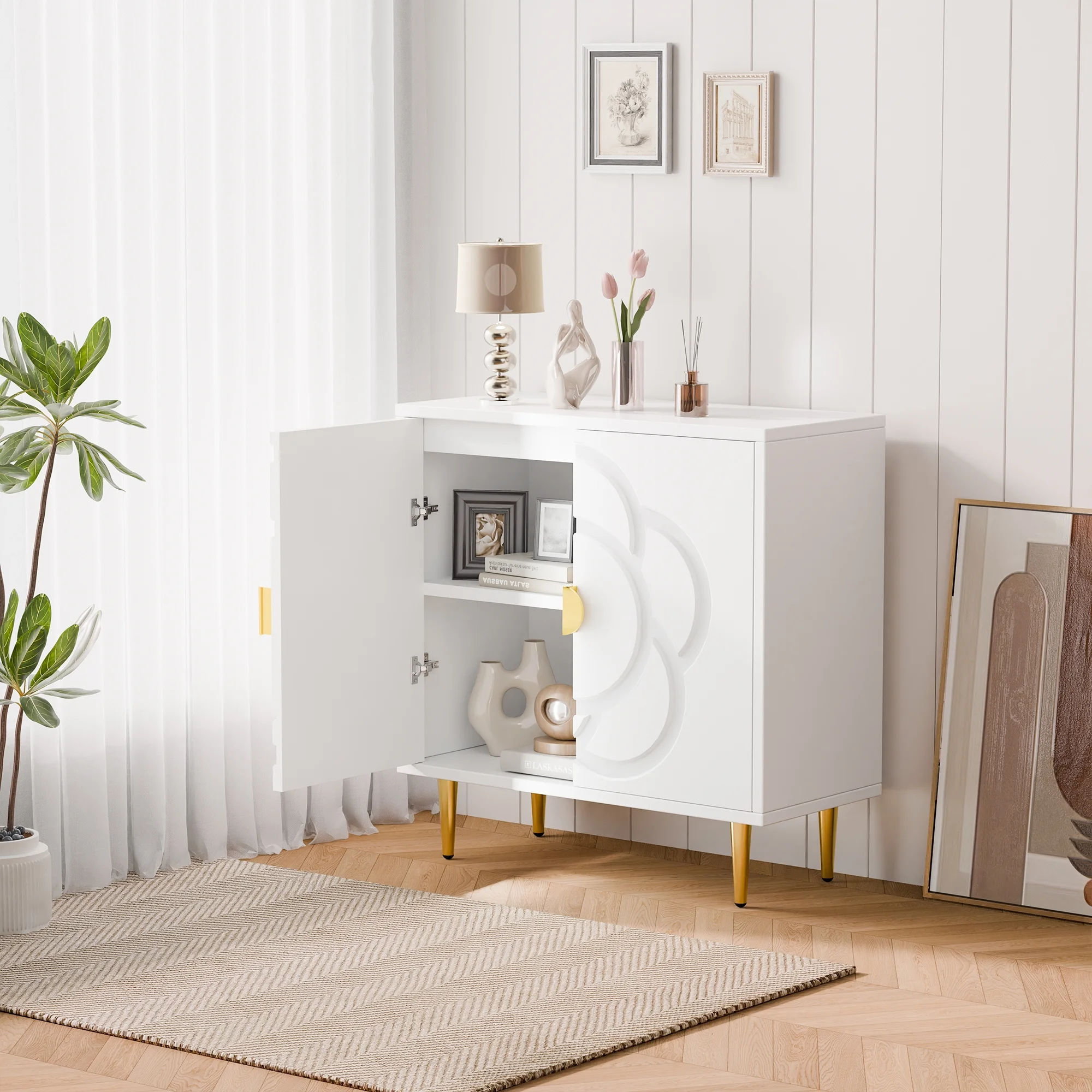 Tolead Modern Sideboard Buffet Cabinet with Flower Pattern Panel, 6 Shelves, White