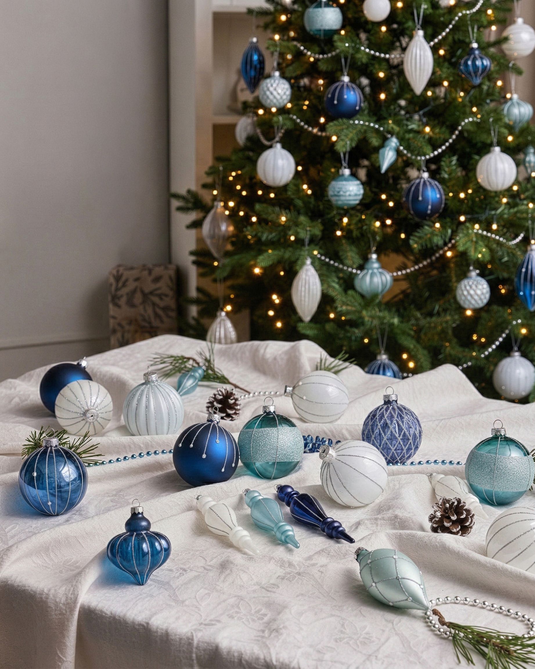 Set of 35 Baubles SNOWFALL Glass Blue