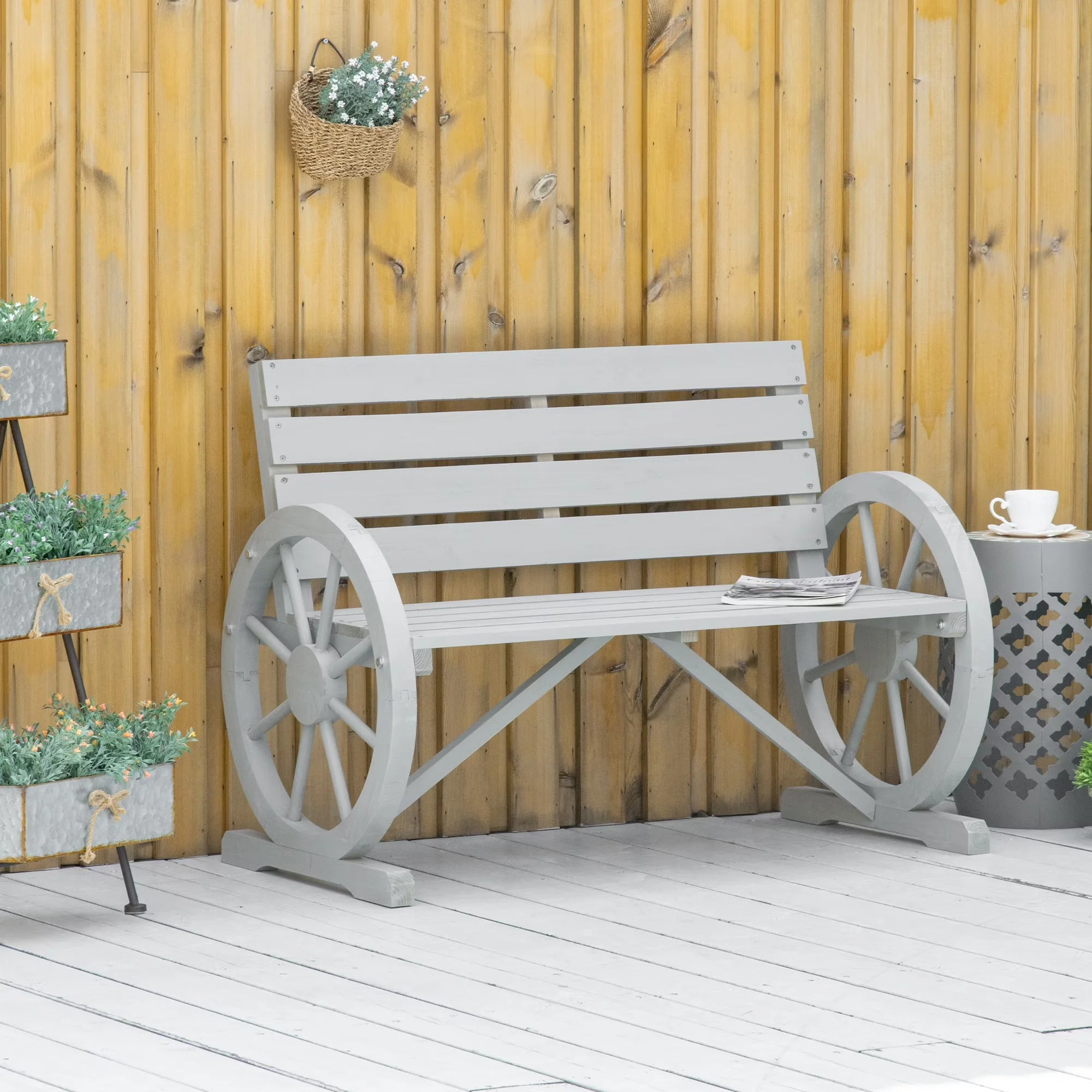 Outsunny Wooden Wagon Wheel Bench, 2-Person, Fir Wood, Carbonized, 41.5in L x 23.25in W x 29.5in H - 84B-183 - Image 2 Outsunny Wooden Wagon Wheel Bench, 2-Person, Fir Wood, Carbonized, 41.5in L x 23.25in W x 29.5in H - 84B-183 - Image 2