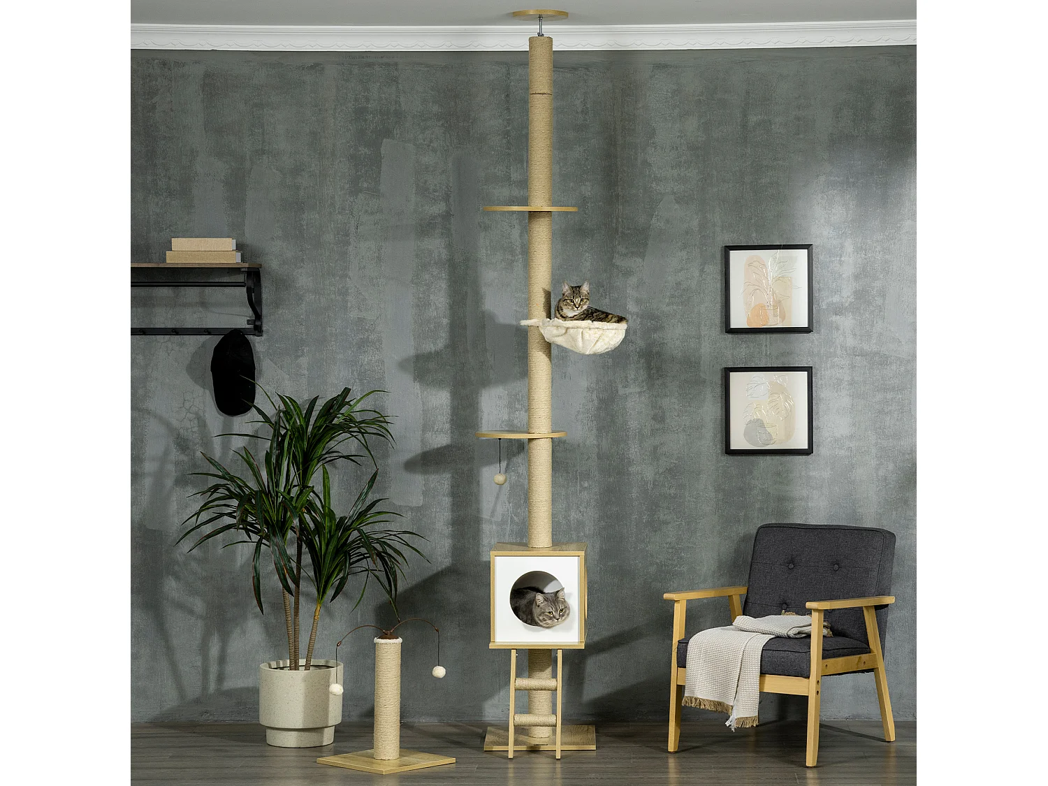Arbres à chat 2 pièces style nordique - hauteur réglable 225-285H cm - multi-équipement - panneaux aspect chêne clair jute