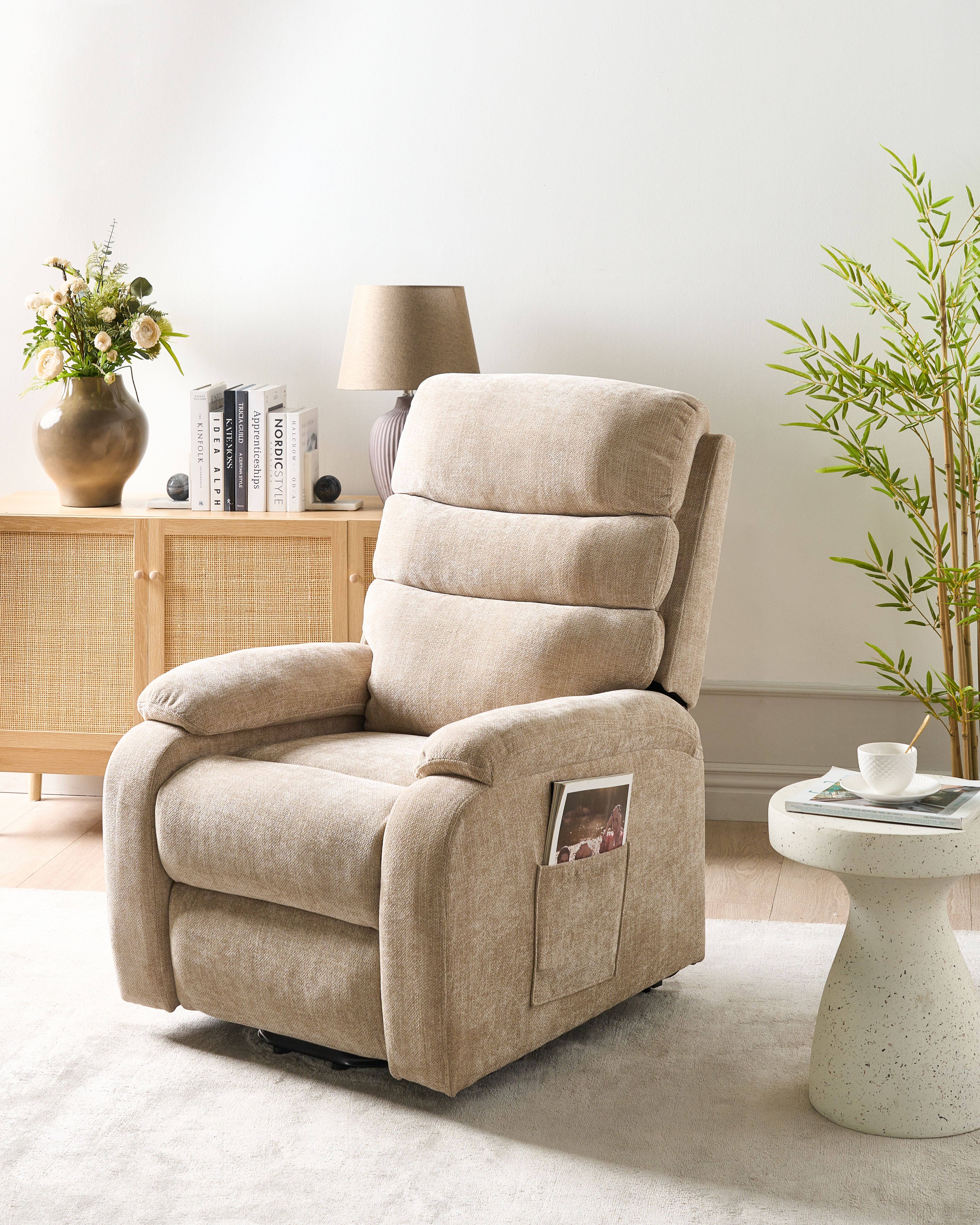 Electric Recliner Chair RISE with Footrest Fabric Beige
