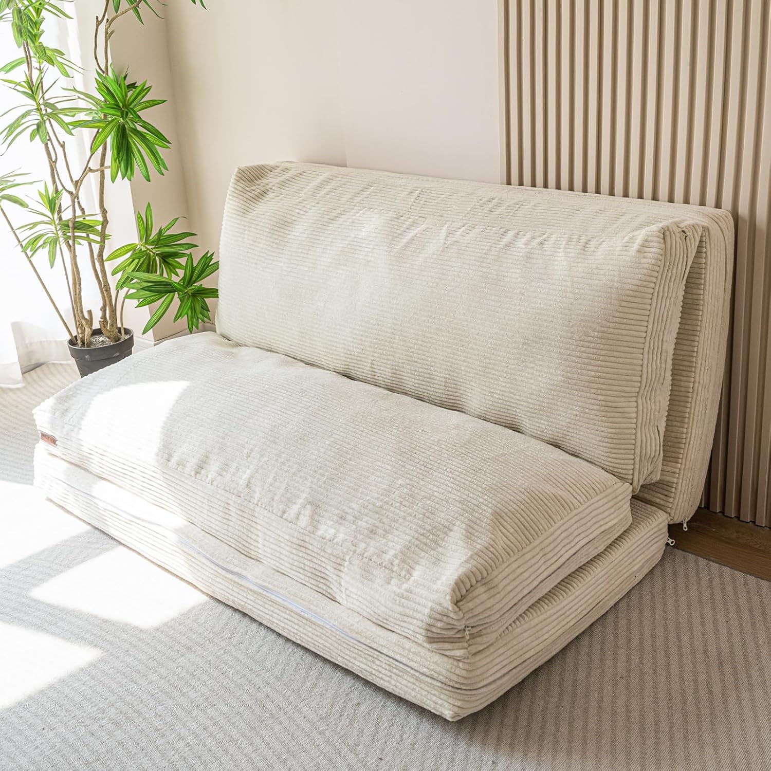 MAXYOYO Folding Sofa Bed, Extra Thick and Long Floor Sofa Convertible Sleeper Chair with Washable Cover, Floor Couch Lounge Bean Bag Bed for Living Room, Beige, 30x95 Inch