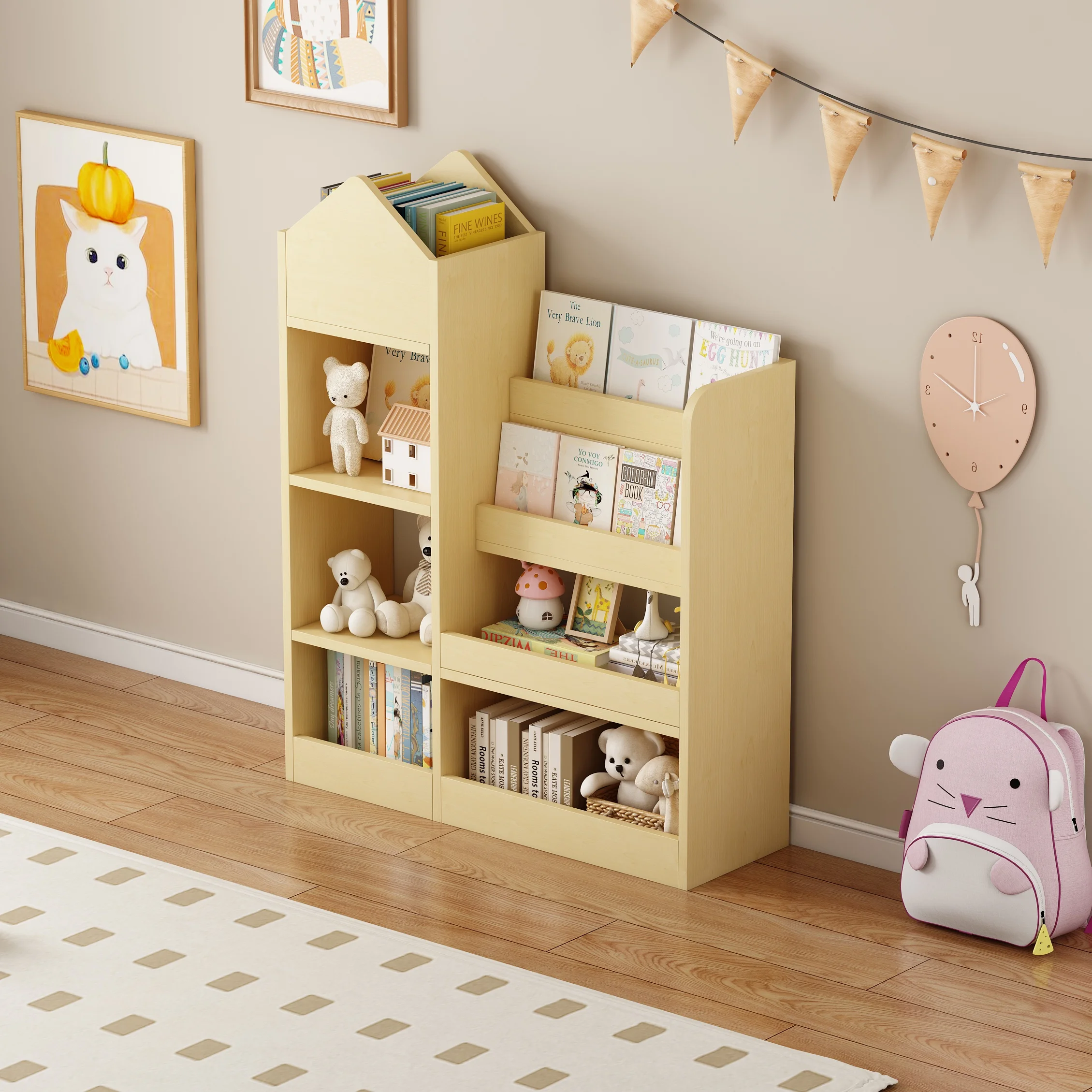PORKISS Bookshelf for Kids, Wood Kids Bookcase with Toy Storage Organizer, Freestanding Book Shelf with 6 Compartments and 2 Baskets Bins for Kids Bedroom, Nursery, Playroom, Natural - Image 2