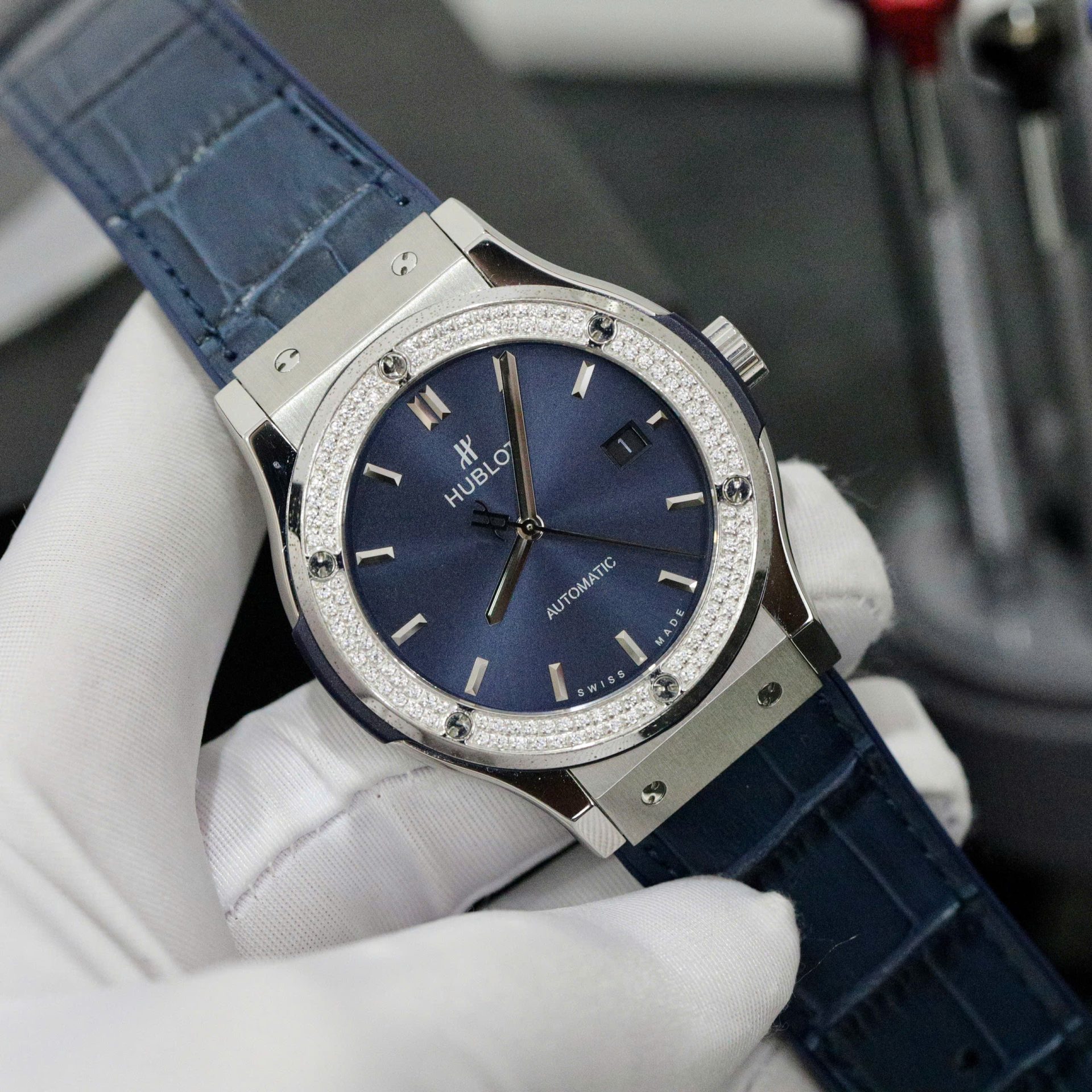 Hublot Classic Fusion Titanium Bezel Diamonds Blue Color Replica Watch HB Factory 42mm - Top club