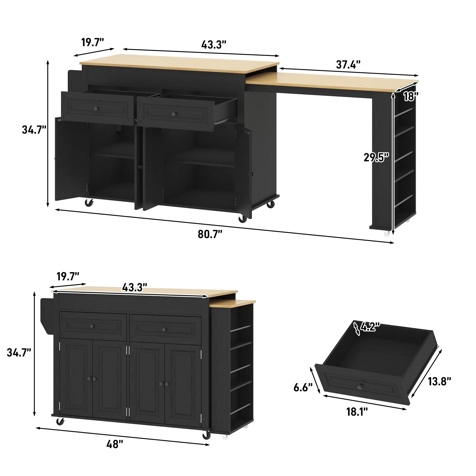 ANPOO Large Kitchen Island with Extendable Dining Table and Power Outlet, Rolling Kitchen Island Cart on Wheels with 2 Storage Cabinets & 2 Drawers & 3 Spice Racks, Island Table for Kitchen - Image 8
