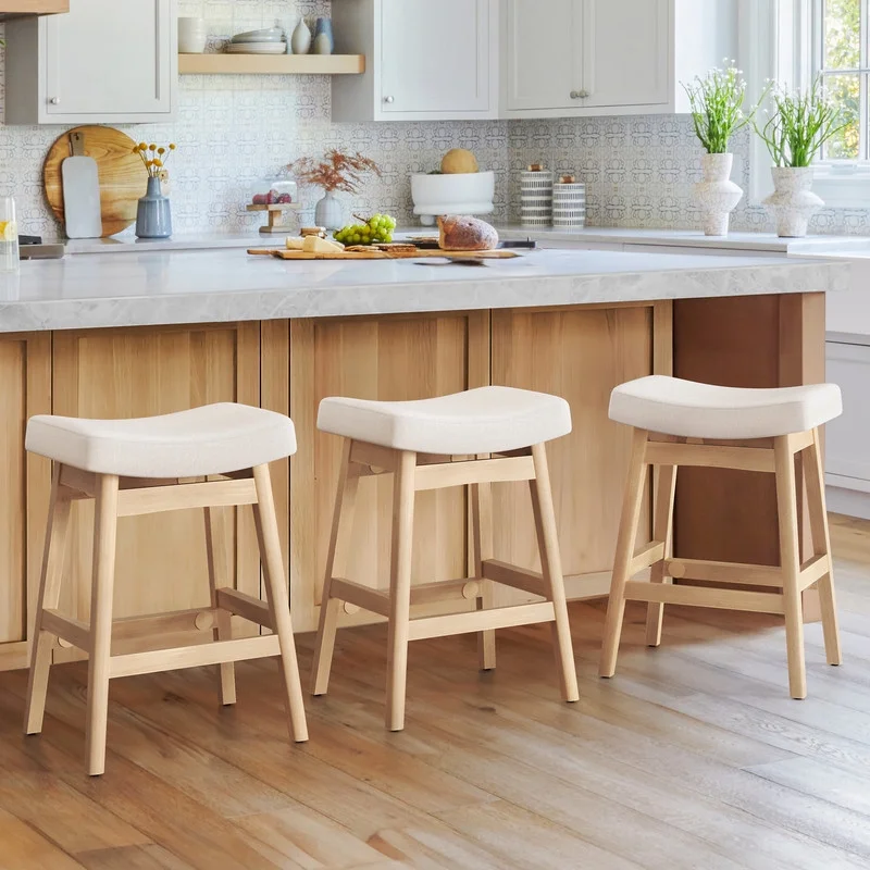 Dycanpo Saddle Seat Counter Height Bar Stools Set of 3 for Kitchen, Dining, 24in, Beige-Fabric - Image 4