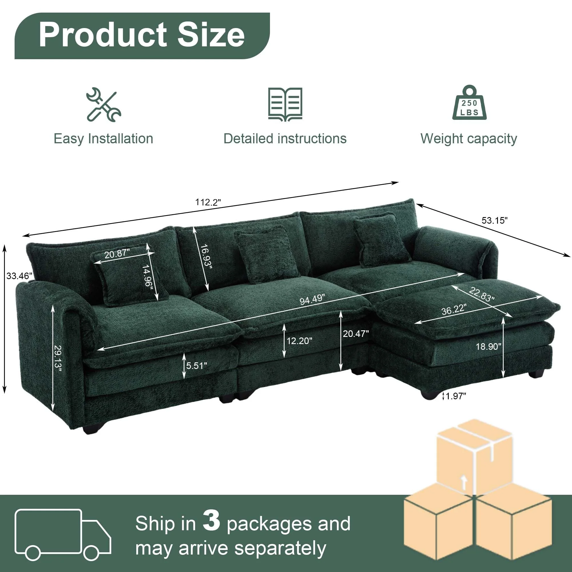 GNIXUU 112" Oversized Sectional Sofa Cloud Couch for Living Room, Modern Chenille L Shaped Couch, Comfy Boucle Modular Sofa Sleeper with Moveable Ottoman & Memory Foam (Green) - Image 6