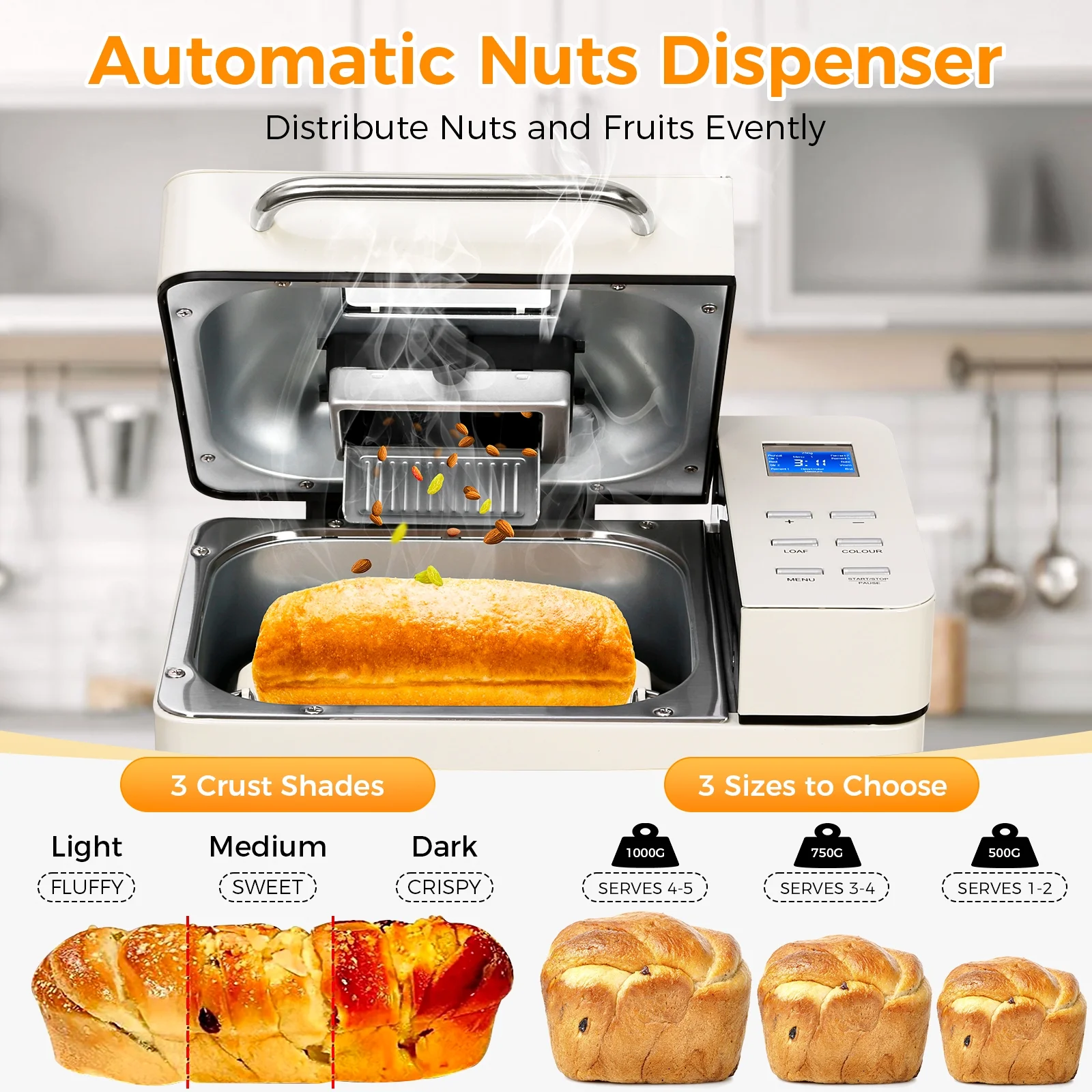 KBS 19-in-1 2LB Bread Maker Machine with Dual Heaters& Auto Nut Dispenser,Ceramic Pan with 2 kneading paddle,15 Hour delay timer&1 hour keep warm Model#013A - Image 7