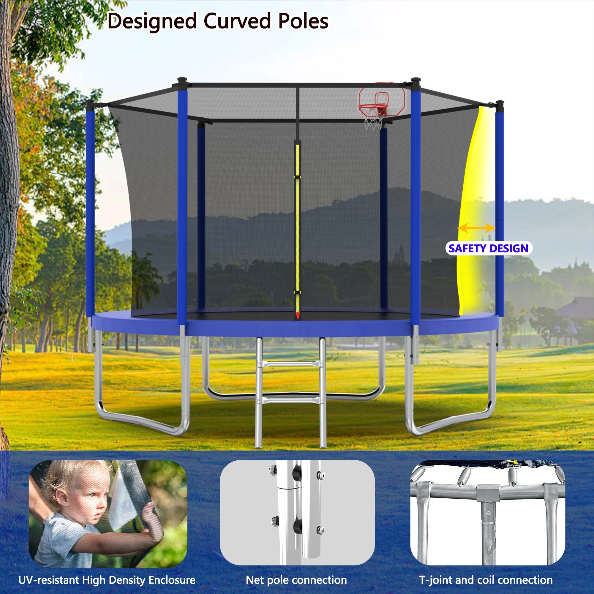 8FT Trampoline for Kids,Outdoor Trampoline with Basketball Hoop,Heavy-Duty Trampoline with Safety Enclosure Net,Blue - Image 6