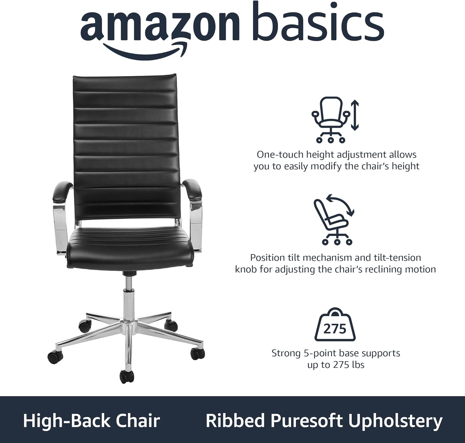 Amazon Basics High-Back Swivel Office Chair with Lumbar Support, Ergonomic Ribbed Faux Leather, Adjustable Height, 45.25