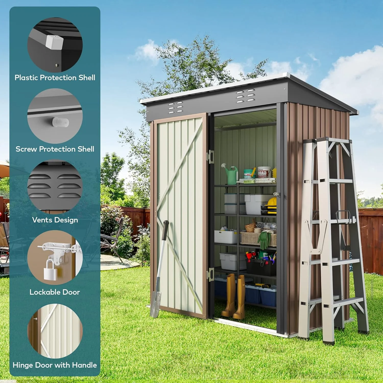 5'x3' Outdoor Storage Shed, Lofka Metal Storage Tool Shed with Single Lockable Door, for Bike| Garden Tools| Patio, Grey - Image 15