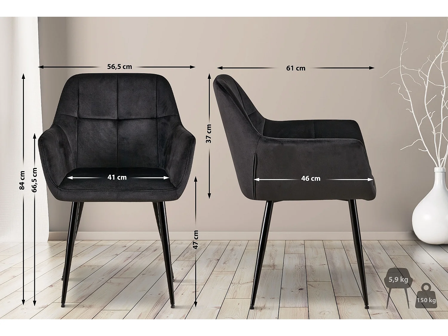 Lot de 2  chaises avec accoudoirs - Velours - Noir - Emia