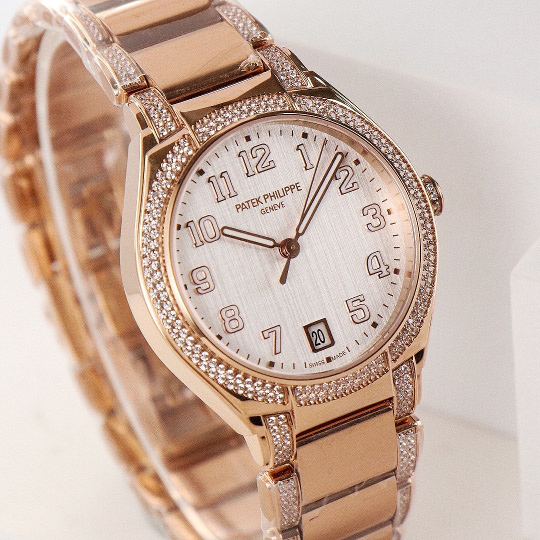 Fake Diamond Watch Replica Patek Philippe Twenty~4 Ladies Rose Gold Silver Dial 7300/1201R-001(1:1 replica) - Top club