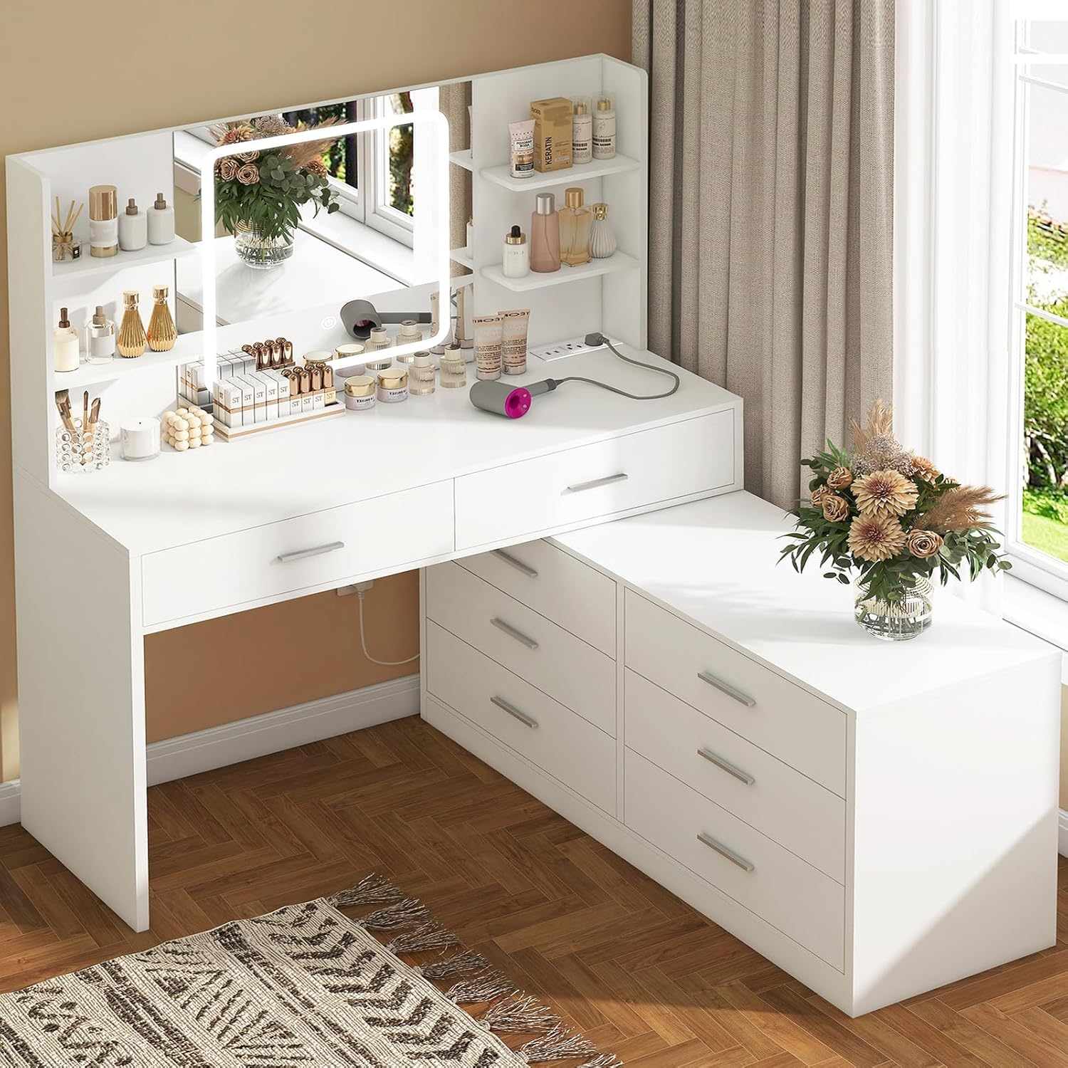 Quimoo Vanity Desk with LED Lighted Mirror & Power Outlet, Modern Corner Makeup Vanity Table with 8 Drawers & Open Shelves, Dressing Table for Bedroom, Makeup Room, White