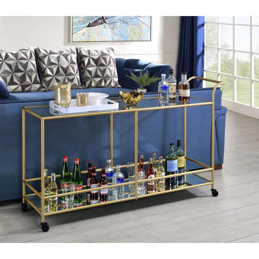 ACME Kenda Rectangular Glass Top Serving Cart in Gold Glass and Mirrored