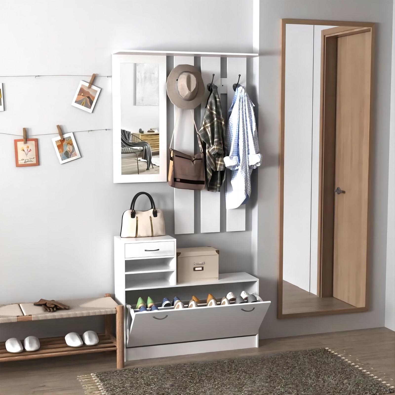Smuxee 3-in-1 Hall Tree with Coat Hook and Entryway Bench,Shoe Cabinet Coat Rack with Mirror,White