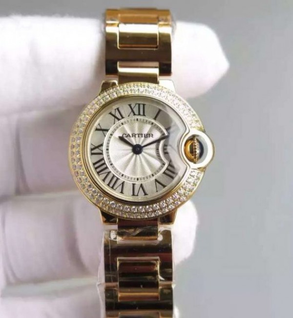 Replica Cartier Ballon Bleu 28mm YG Diamonds Bezel White Dial Bracelet Ronda Quartz - Elite Watch Atelier