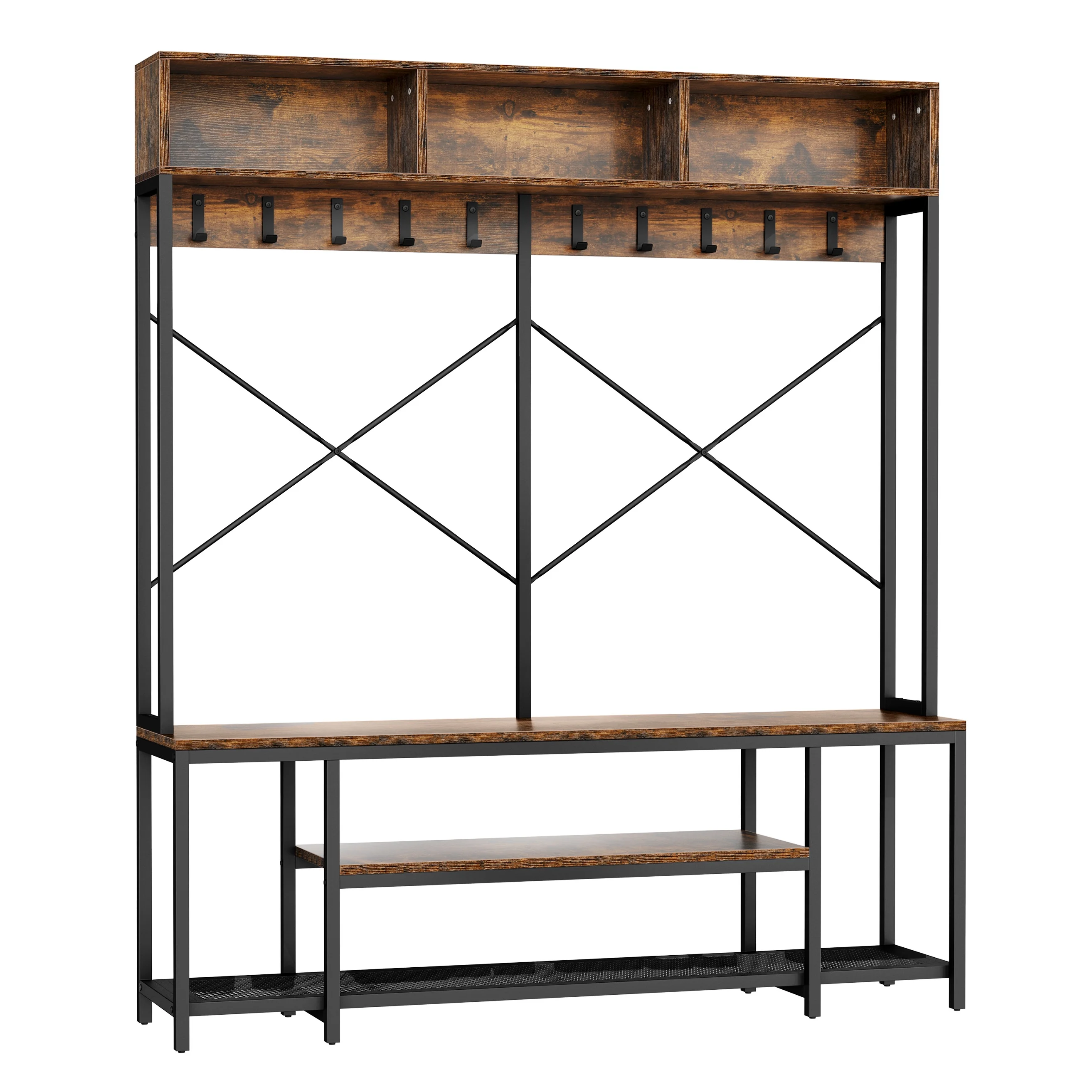 ModFusion Industrial Coat Rack with Bench, 5-in1 Hall Tree with Shoes Storage, 10 Hooks for Entryway, Hllway, Bedroom, Brown
