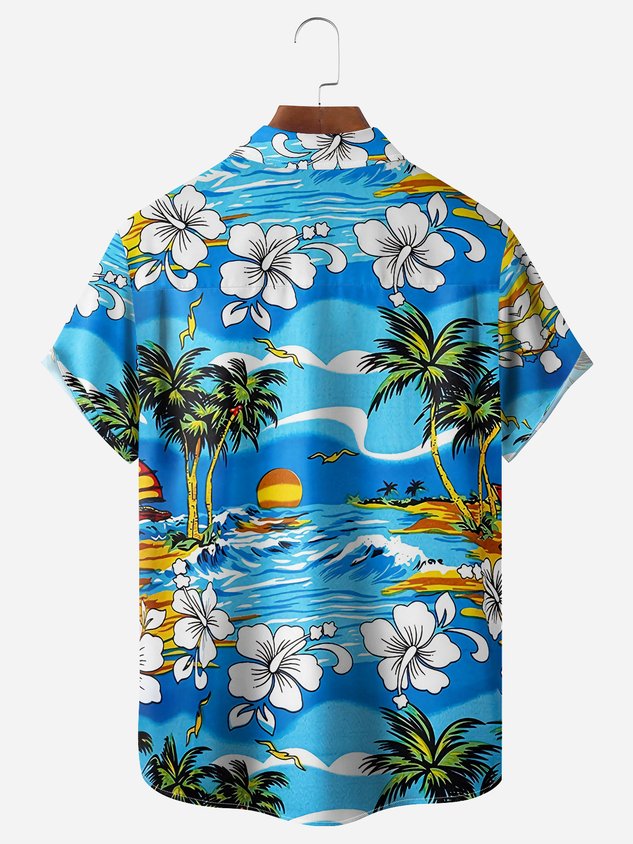 Flamingo Drinking Beer Chest Pocket Short Sleeve Hawaiian Shirt