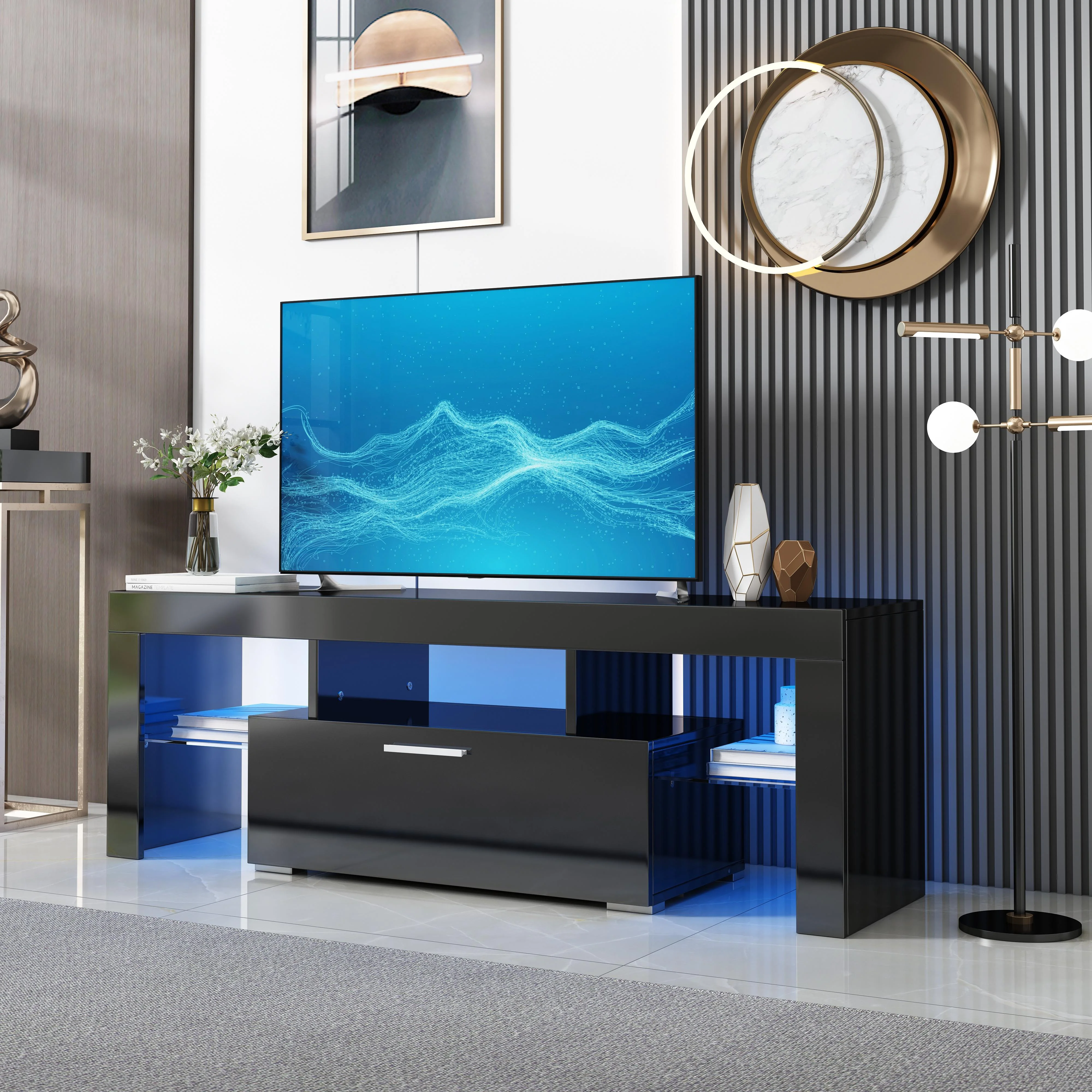 PAPROOS TV Stand for TVs up to 70", High Gloss TV Cabinet with LED Light, Modern TV Console Table with Storage Drawers, Media Television Stand Entertainment Center, White - Image 18