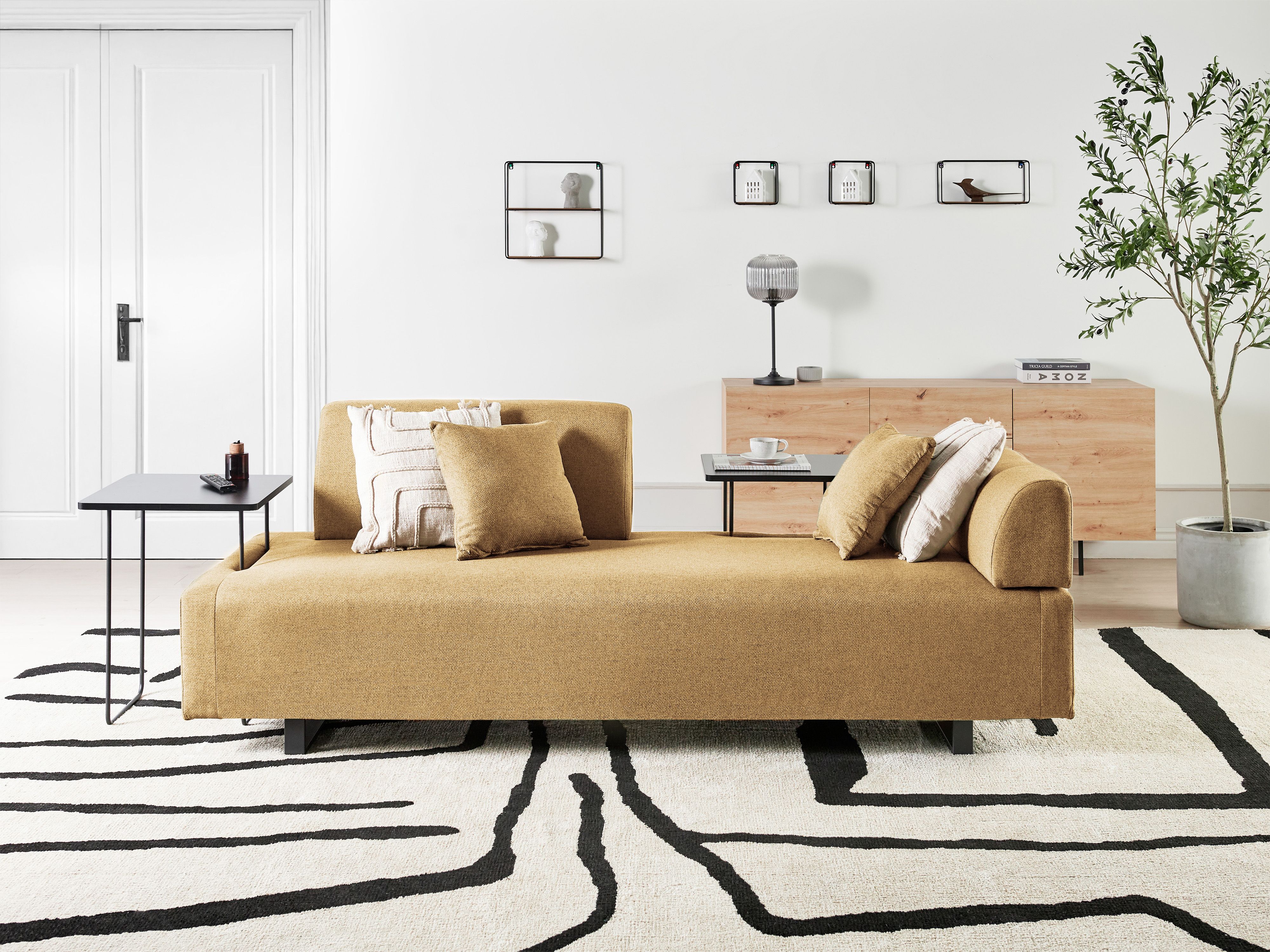 Sofa 3 Seater SOKNA Fabric Mustard with Tables