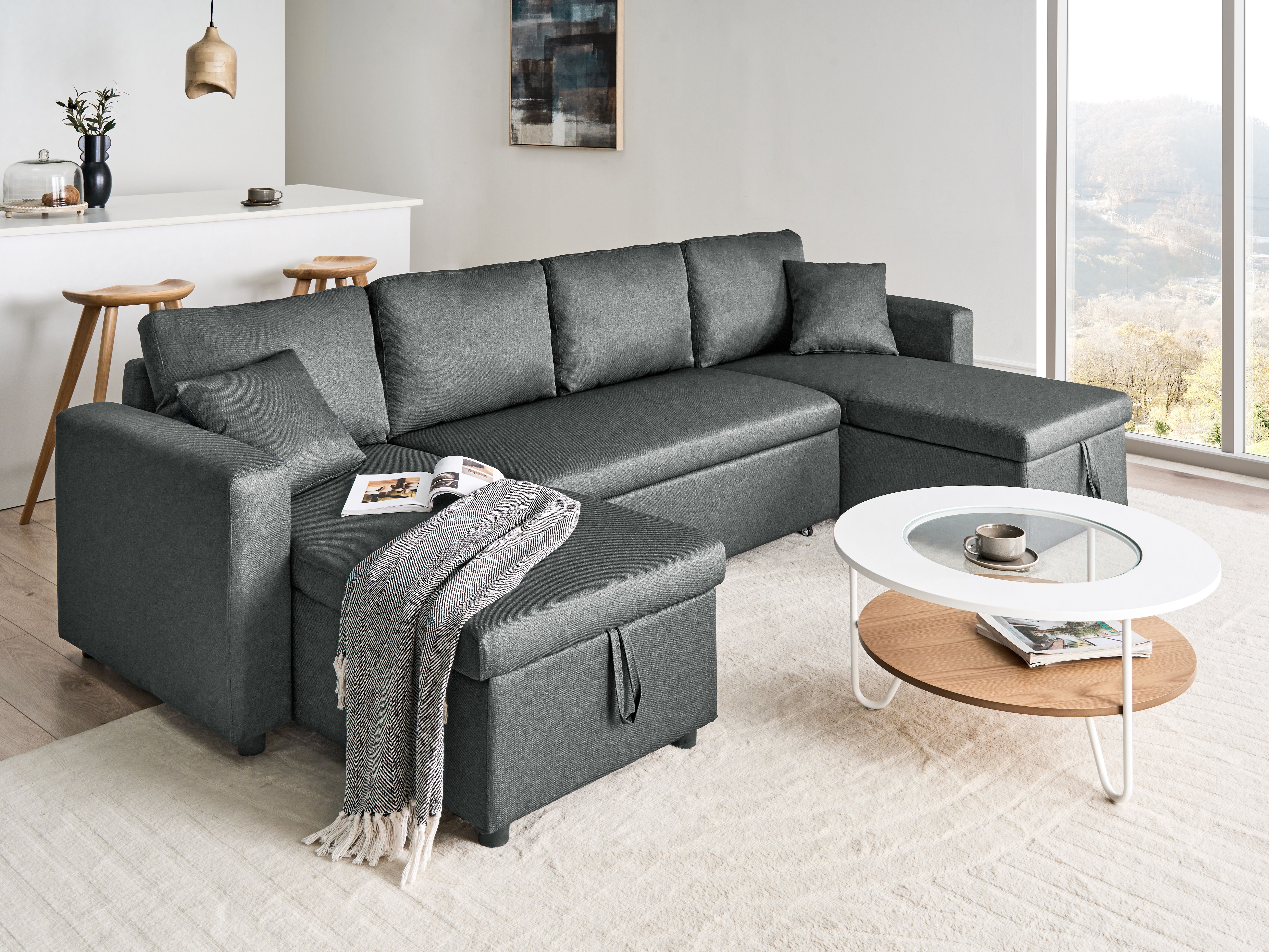 U-Shape Sofa Bed 5 Seater SOMMEN Fabric Dark Grey with Storage