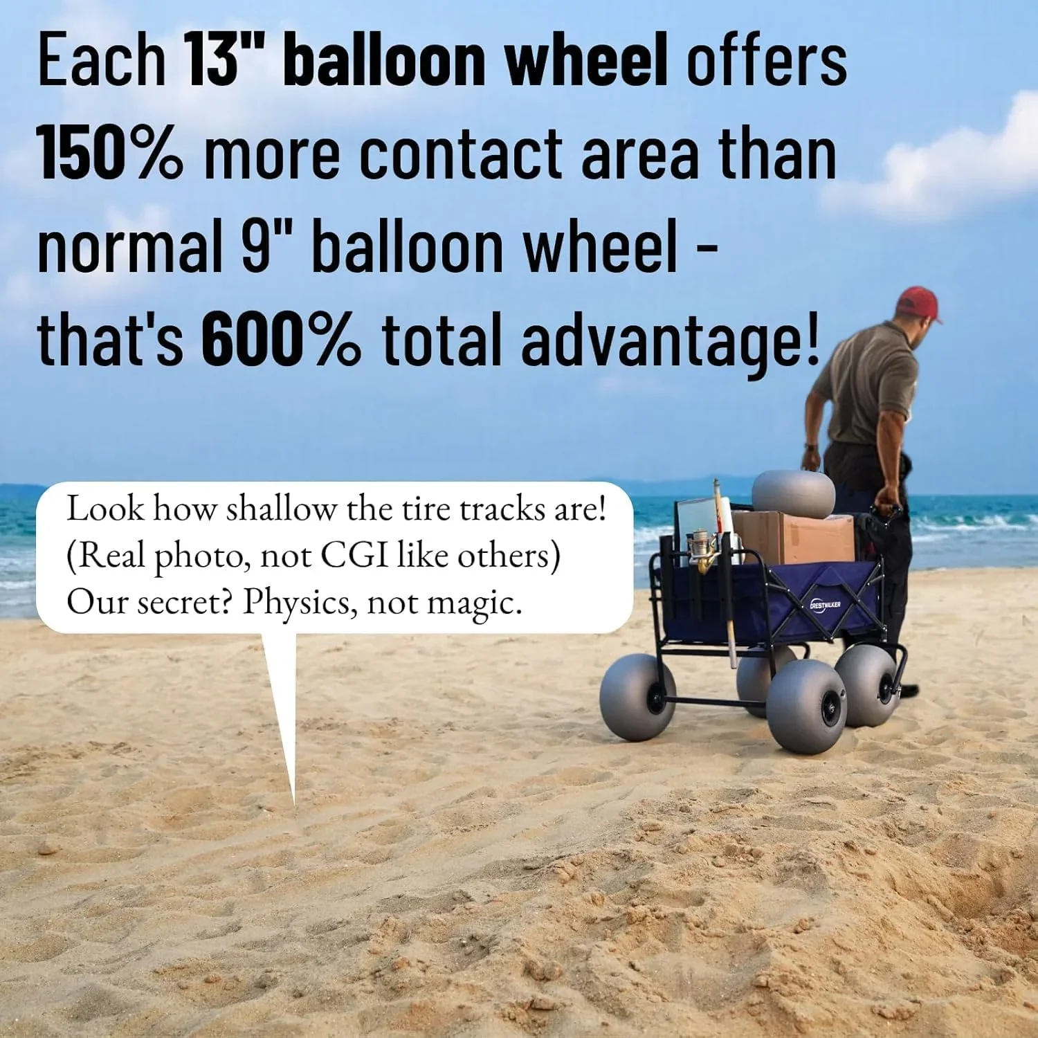 CRESTWALKER Beach Cart With 13in Balloon Wheels, Chair Racks And Pump - Beach Wagon - Image 2 CRESTWALKER Beach Cart With 13in Balloon Wheels, Chair Racks And Pump - Beach Wagon - Image 2